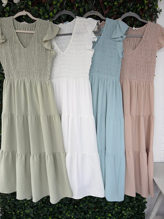 Smocked Vneck Midi Dress