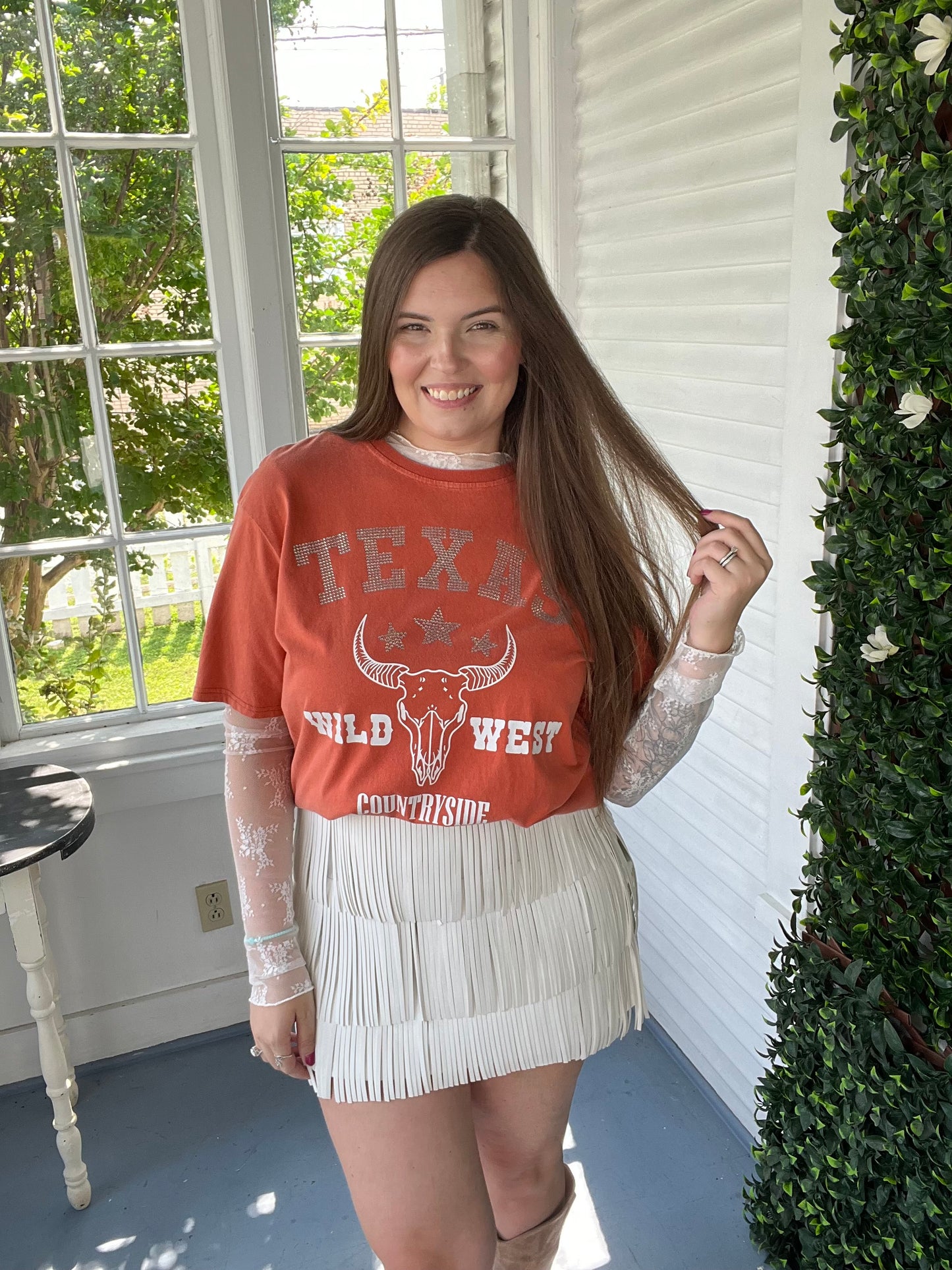 White Leather Fringe Skirt