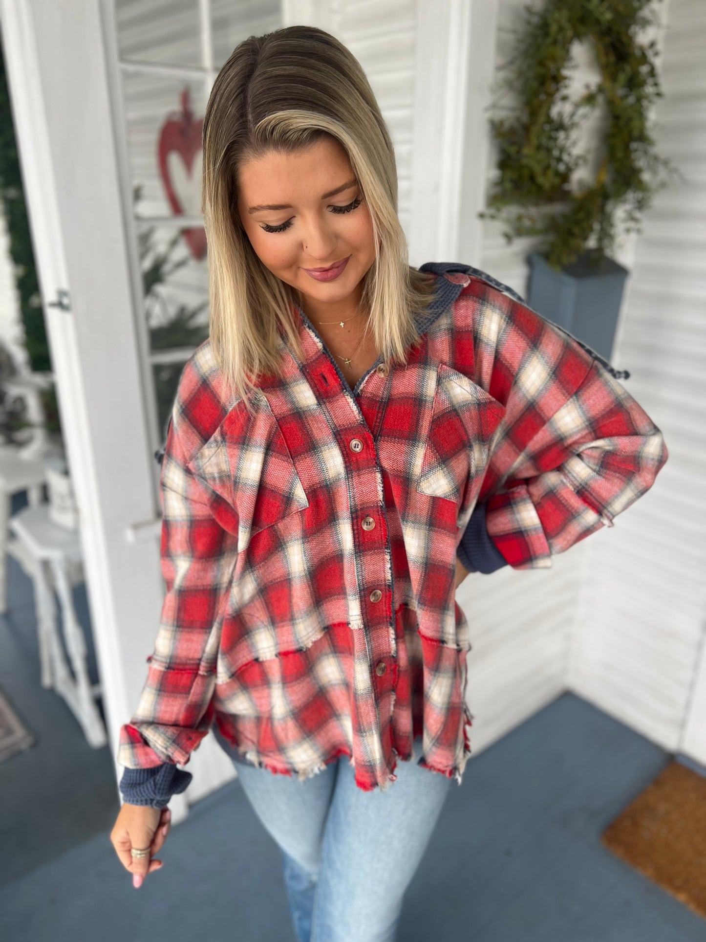 Navy/Red LS Plaid Button Down