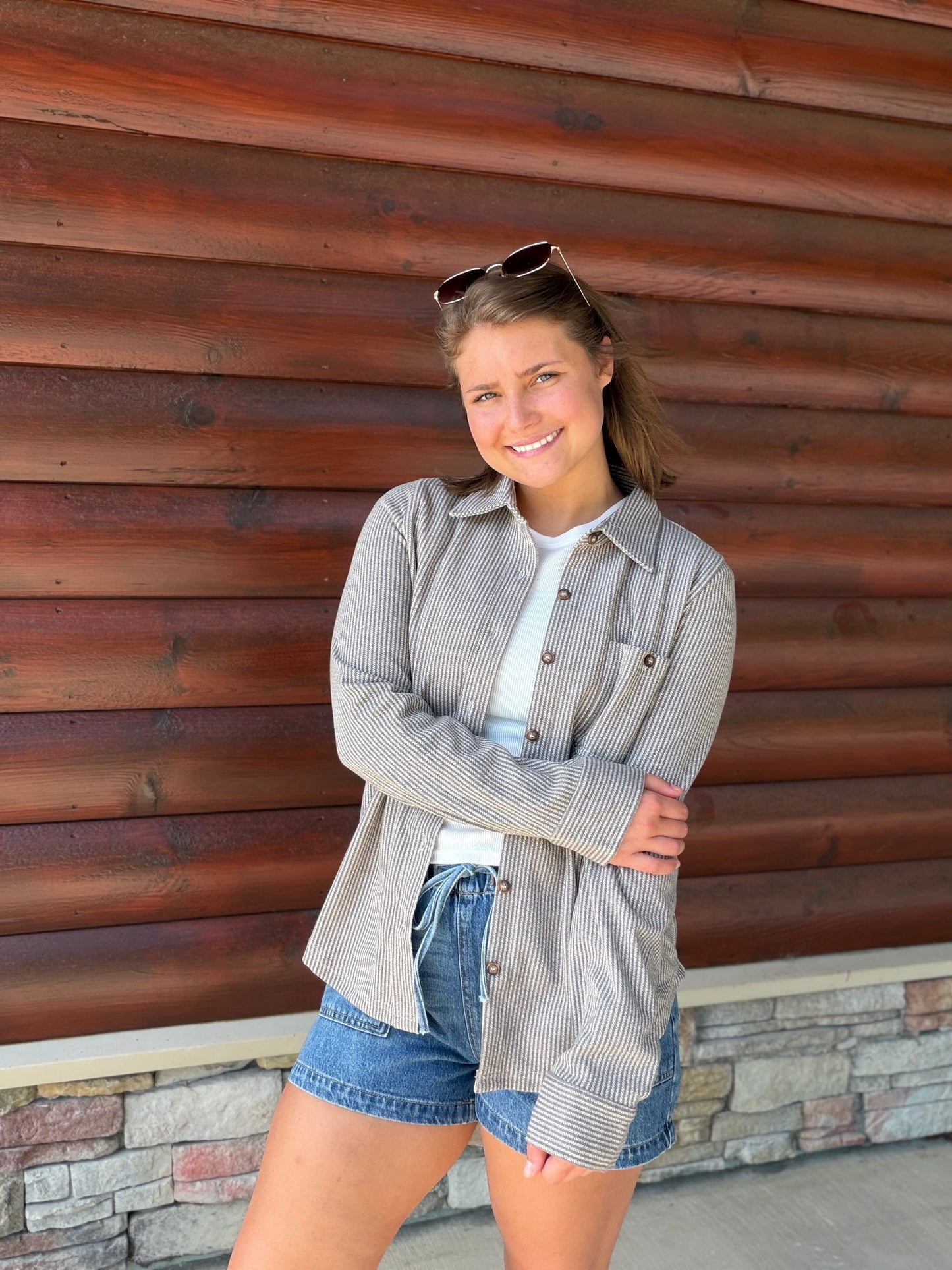 Striped Collared LS Button Down Top