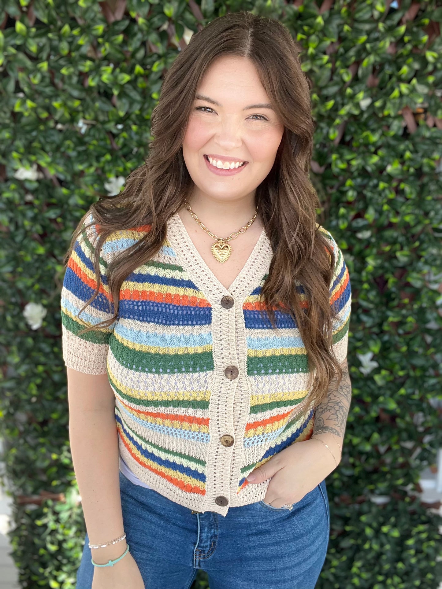 Multi-color Knit Button Top