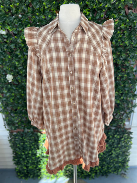 Brown Plaid Ruffle Hem Dress