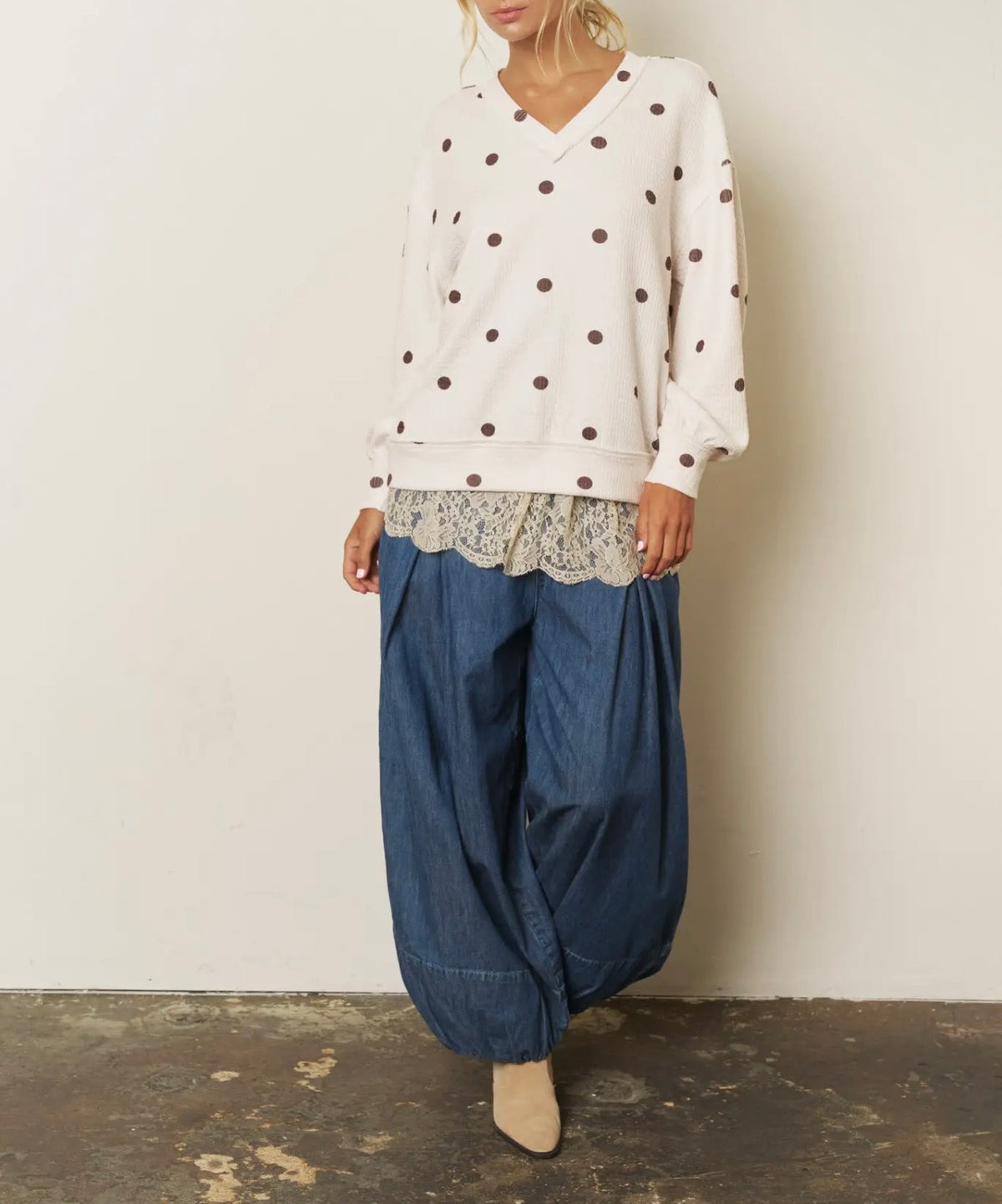 Polka Dot LS Textured Knit Top