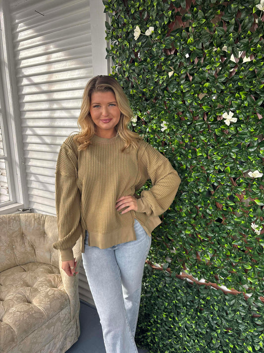 Green LS Waffle Knit Top