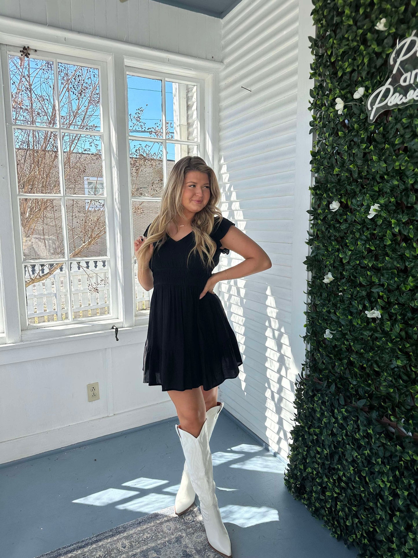 Black Gauze Flutter Sleeve Dress