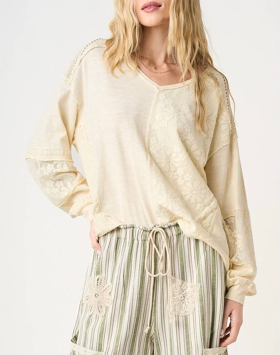 Mix Media Floral Lace Oversized LS Top