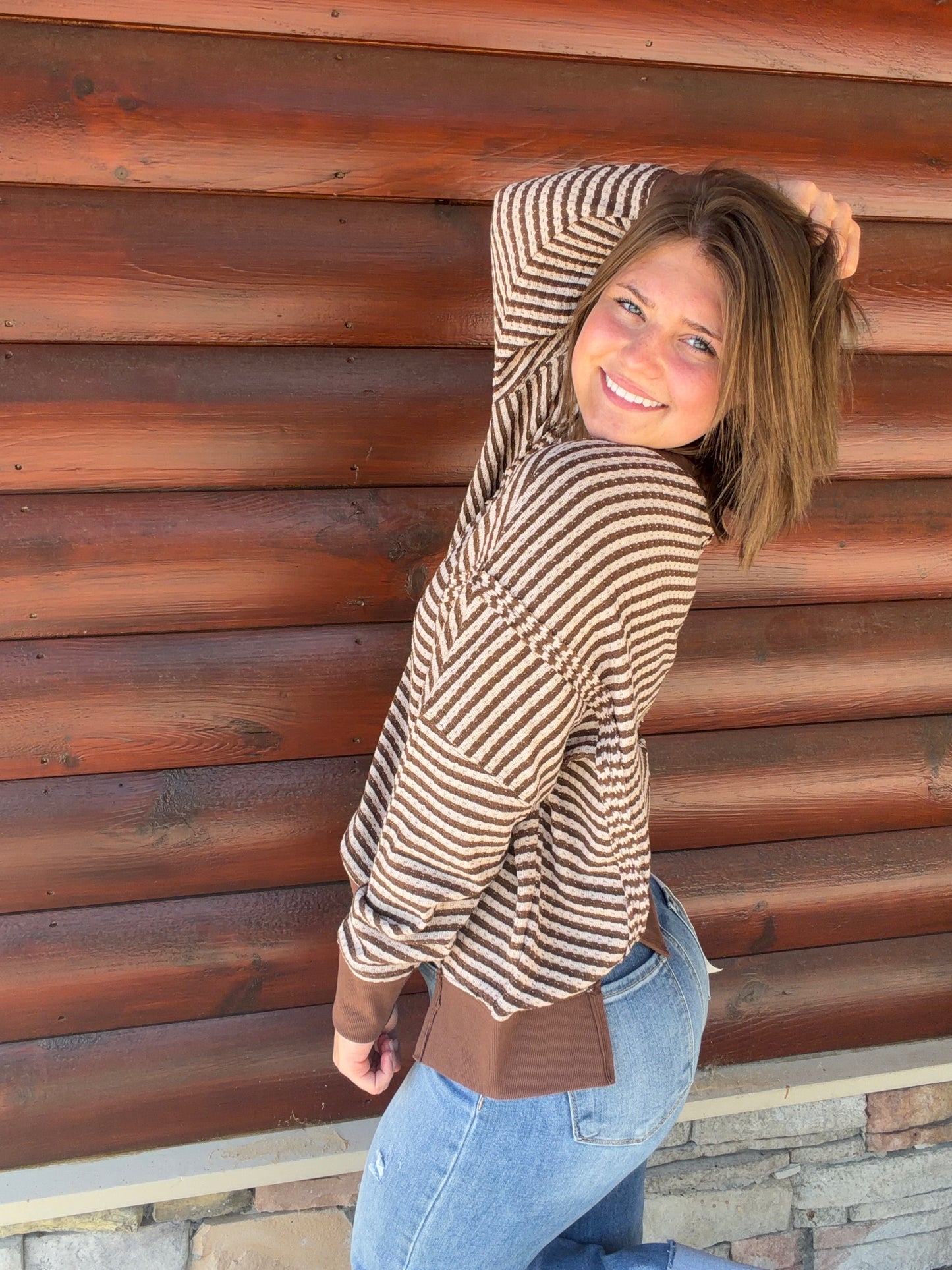 Stripe Exposed Seam Split Hem LS Knit Top