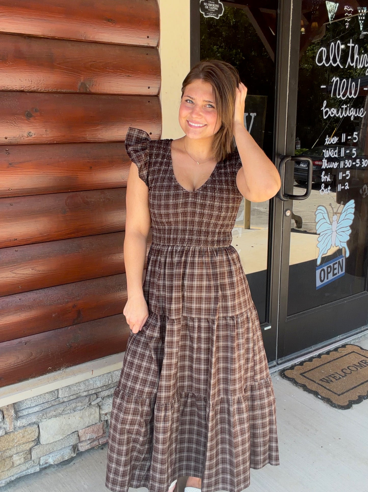 Plaid Vneck Smocked Tiered Midi Dress