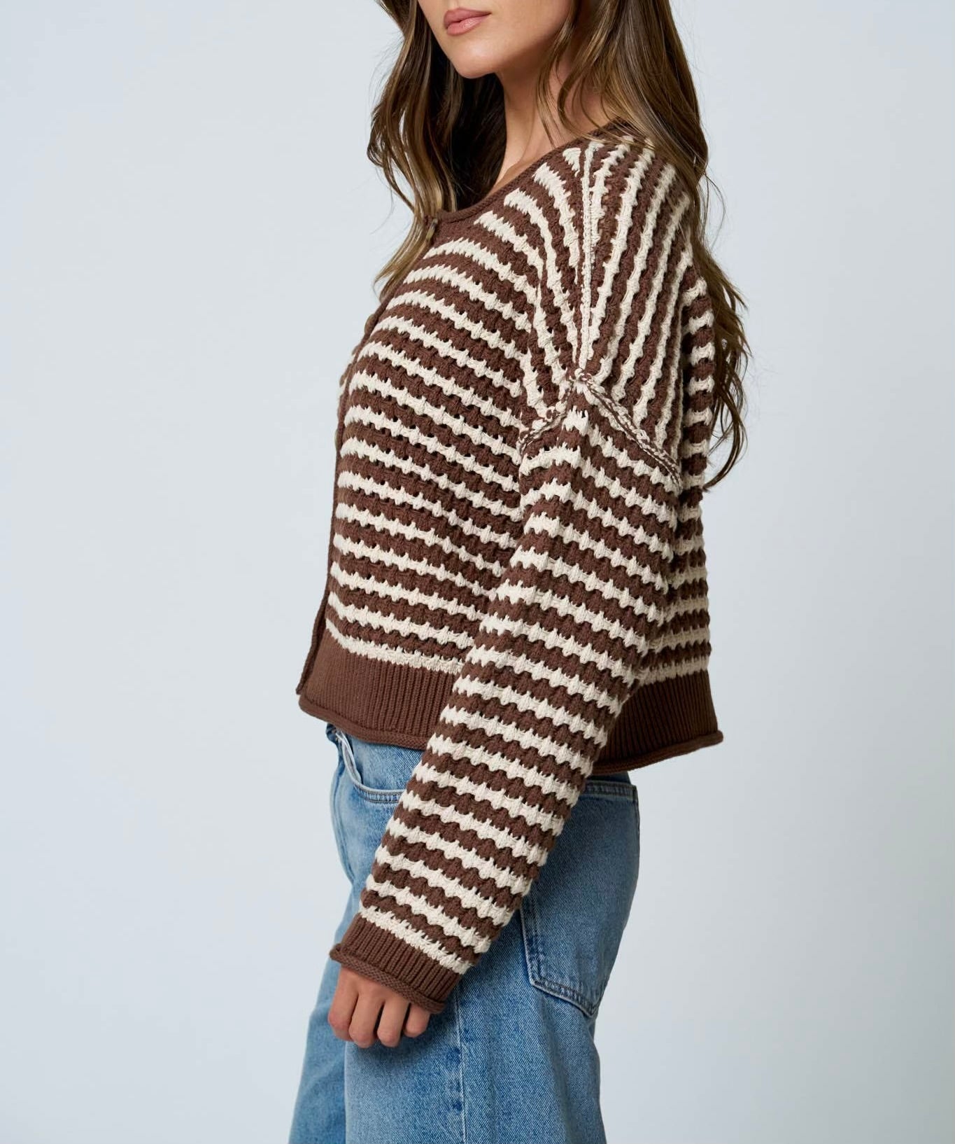 Textured Stripe Crochet Knit Button Down Cardigan