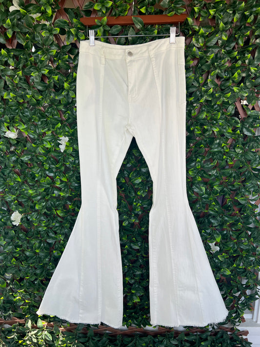 White Bell Bottom Jeans w/ Brown Star Back-Pocket Detail