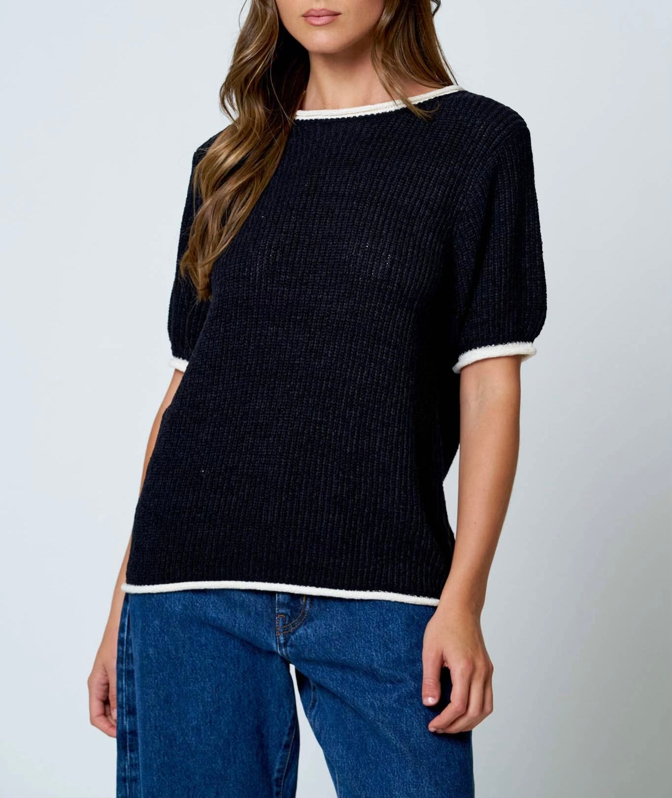 Contrast Trim Puff Sleeve Ribbed Knit Sweater