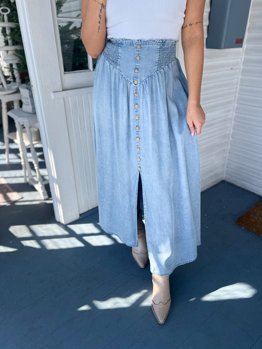 Denim Front Slit Maxi Skirt