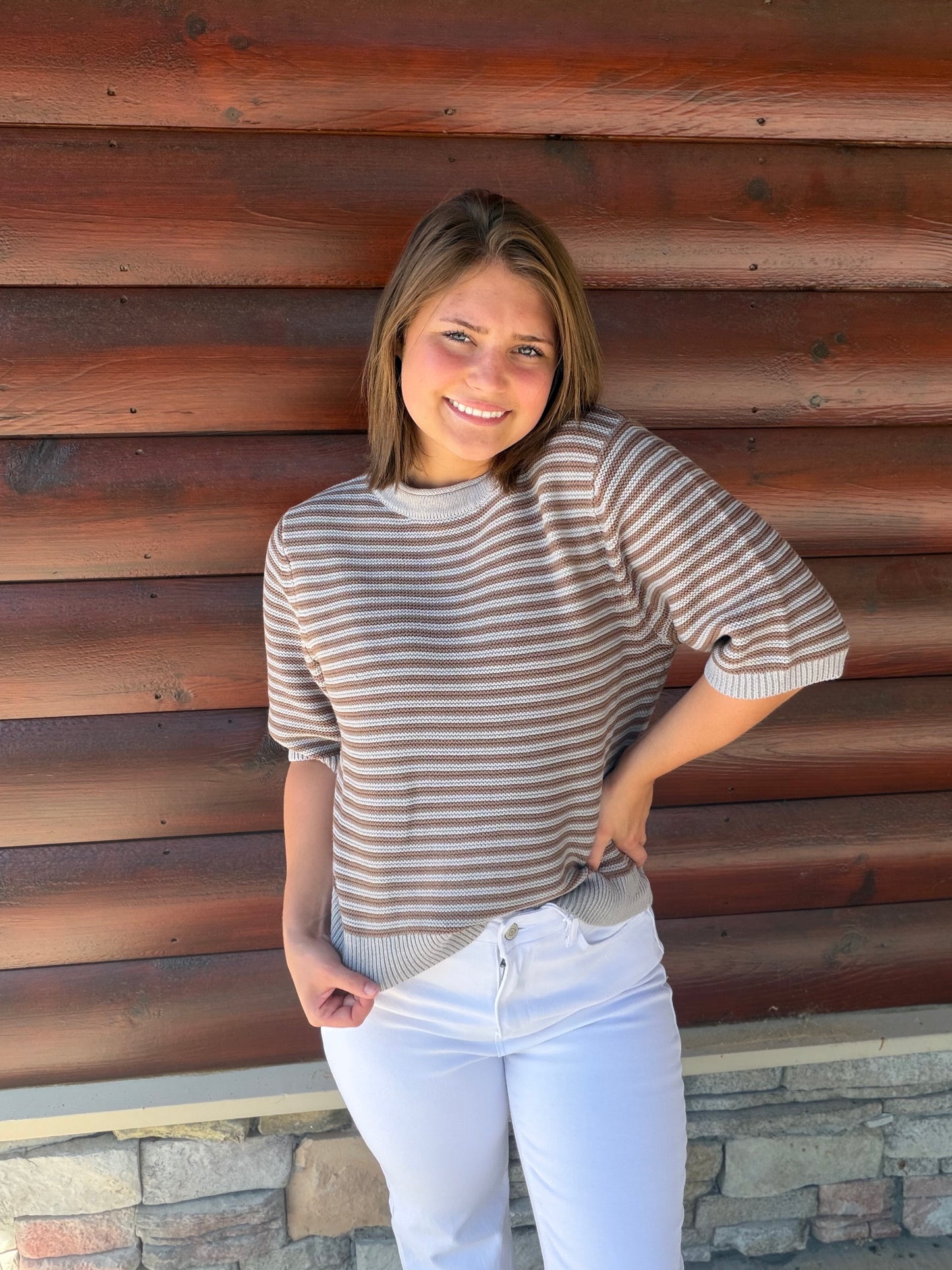 Textured Stripe Crewneck Half Sleeve Sweater