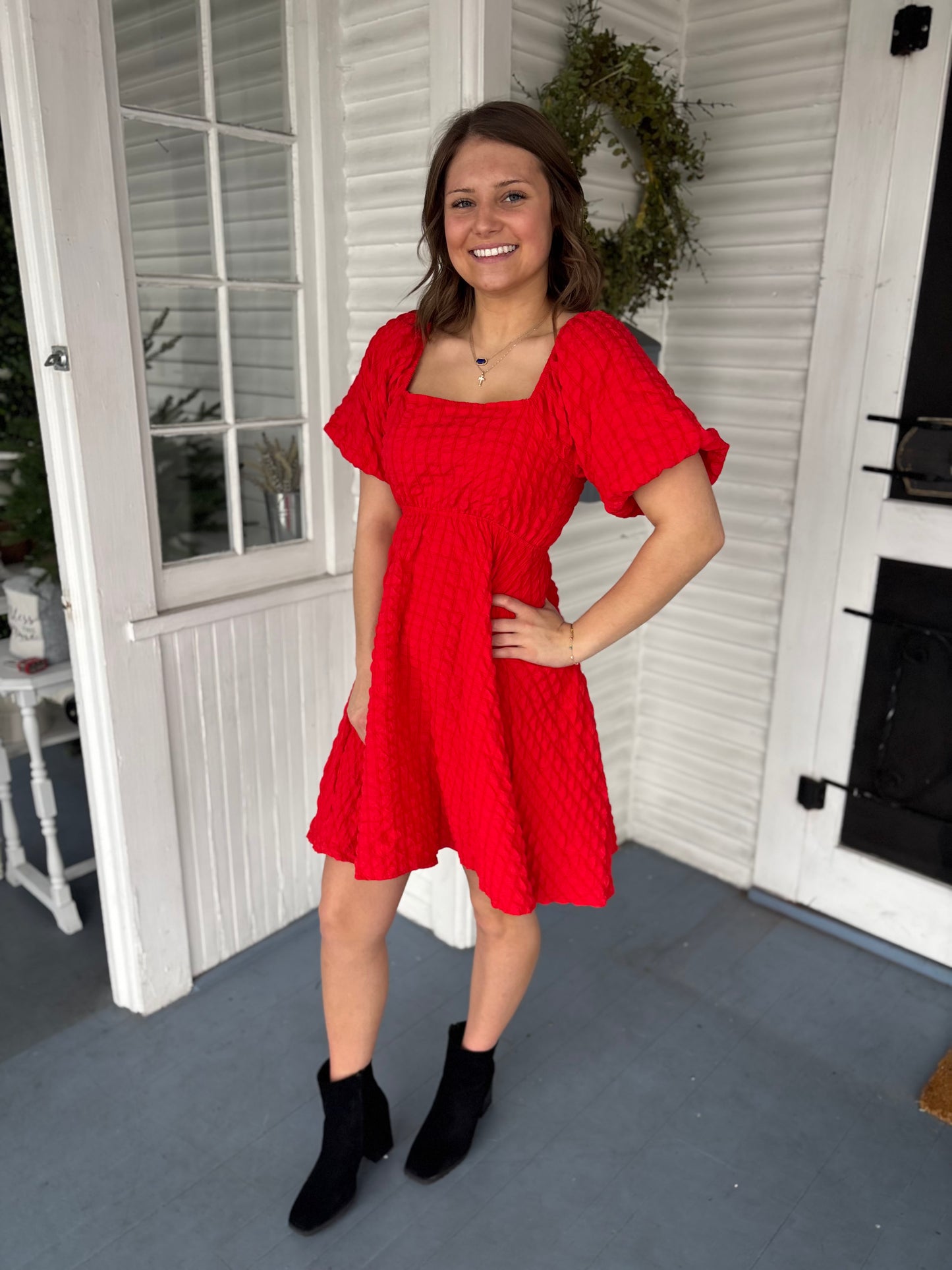 SS Textured Puff Sleeve Dress