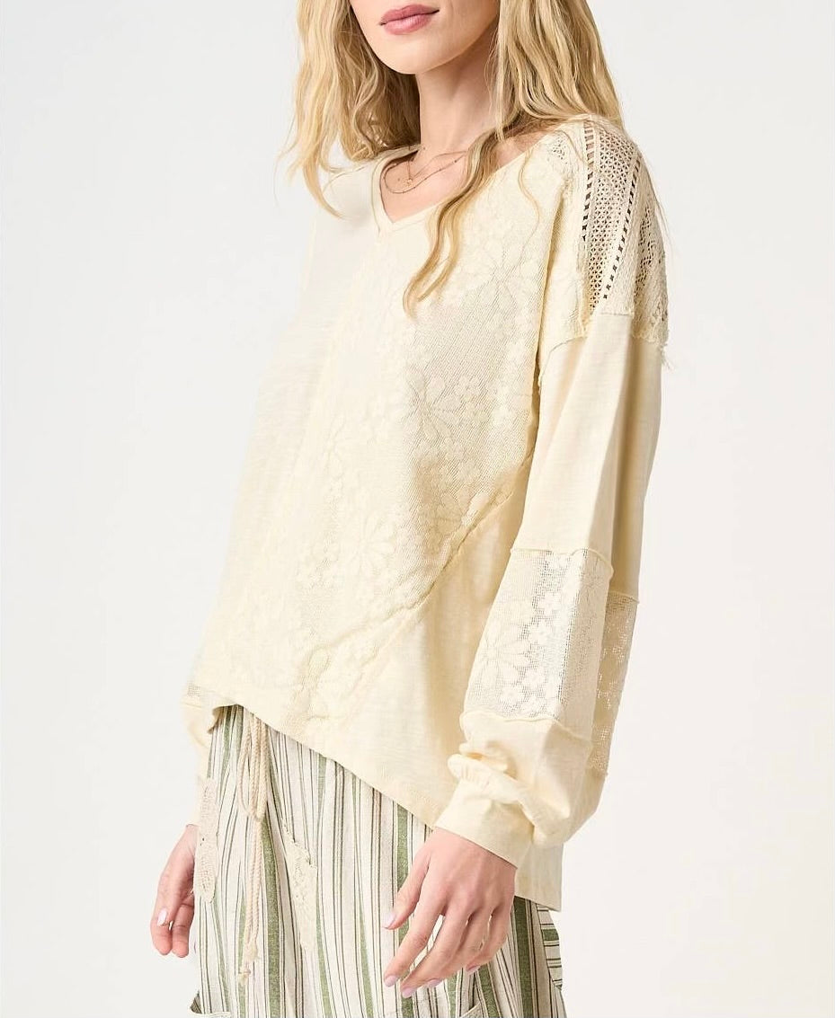 Mix Media Floral Lace Oversized LS Top
