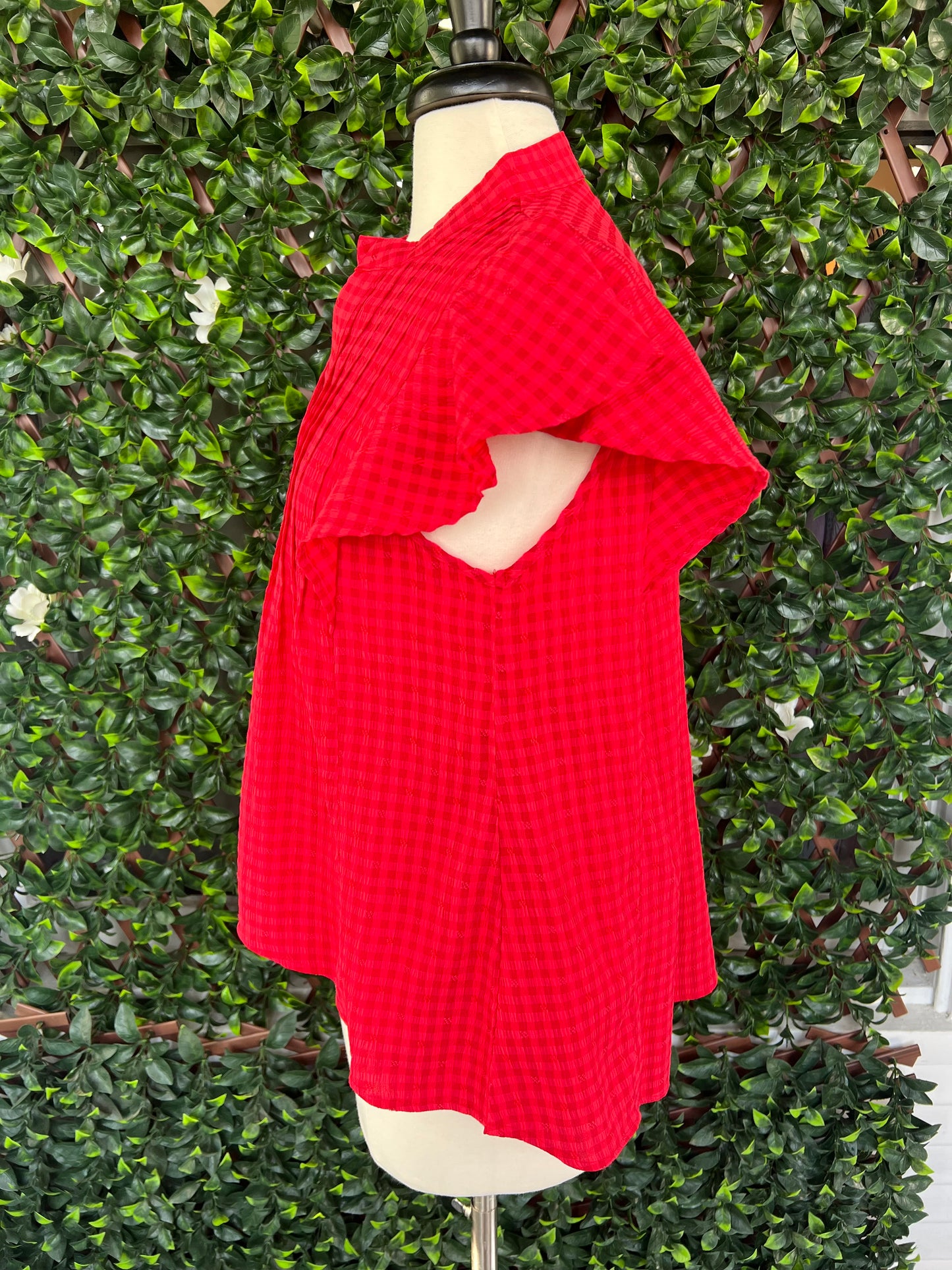 Red Textured Gingham Blouse