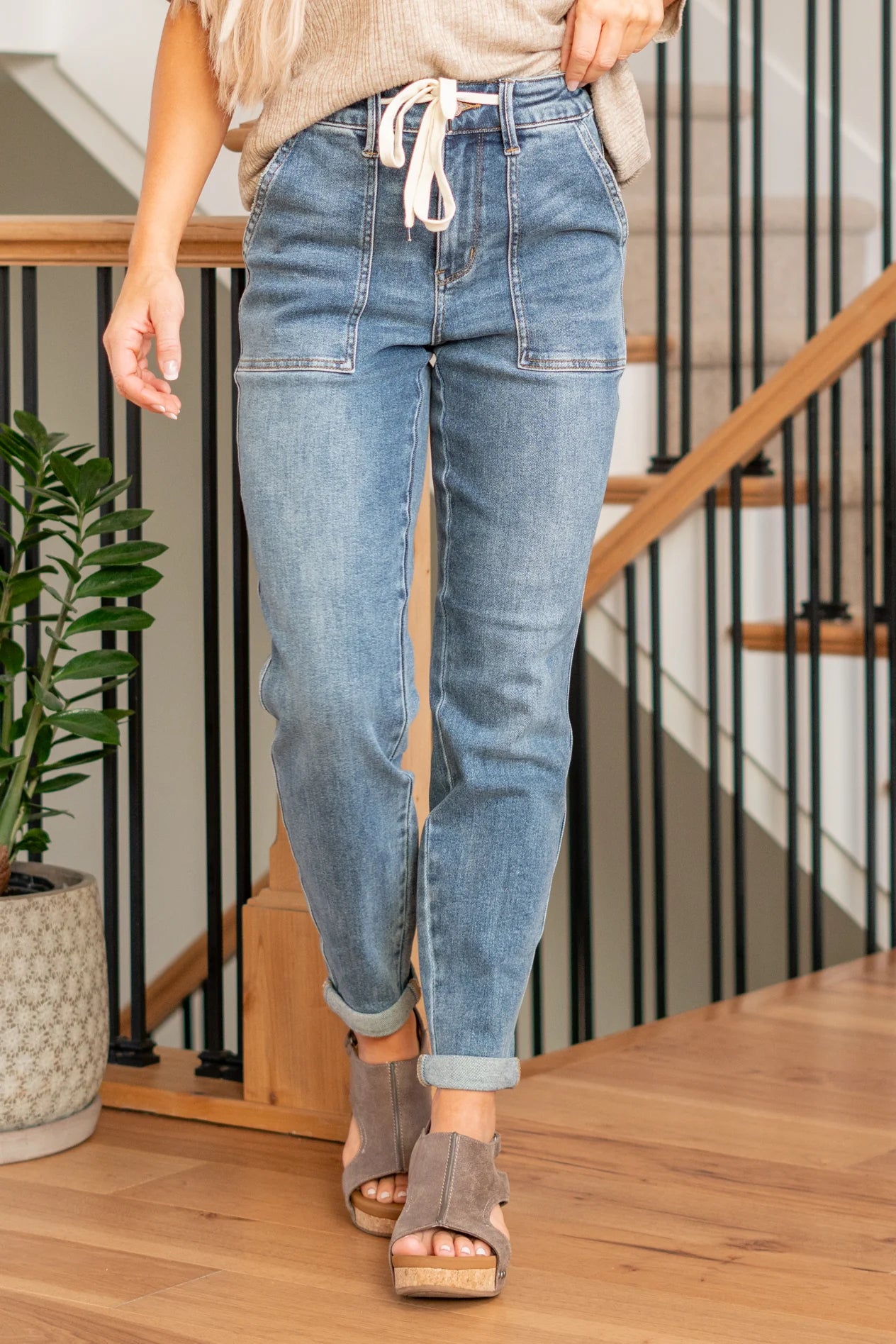 High Waist Denim Tie Jogger