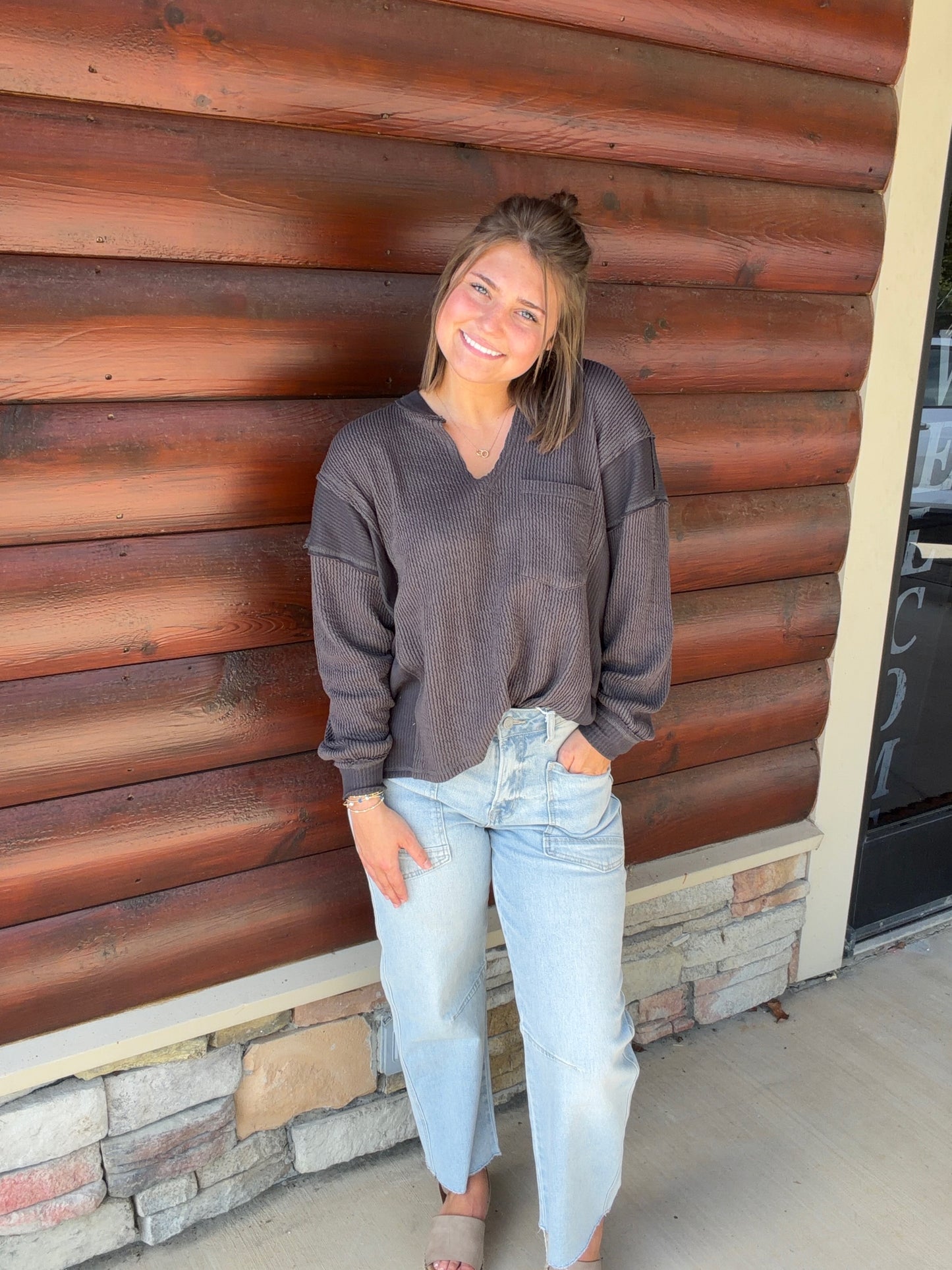 Vneck Raw Edge LS Ribbed Knit Top