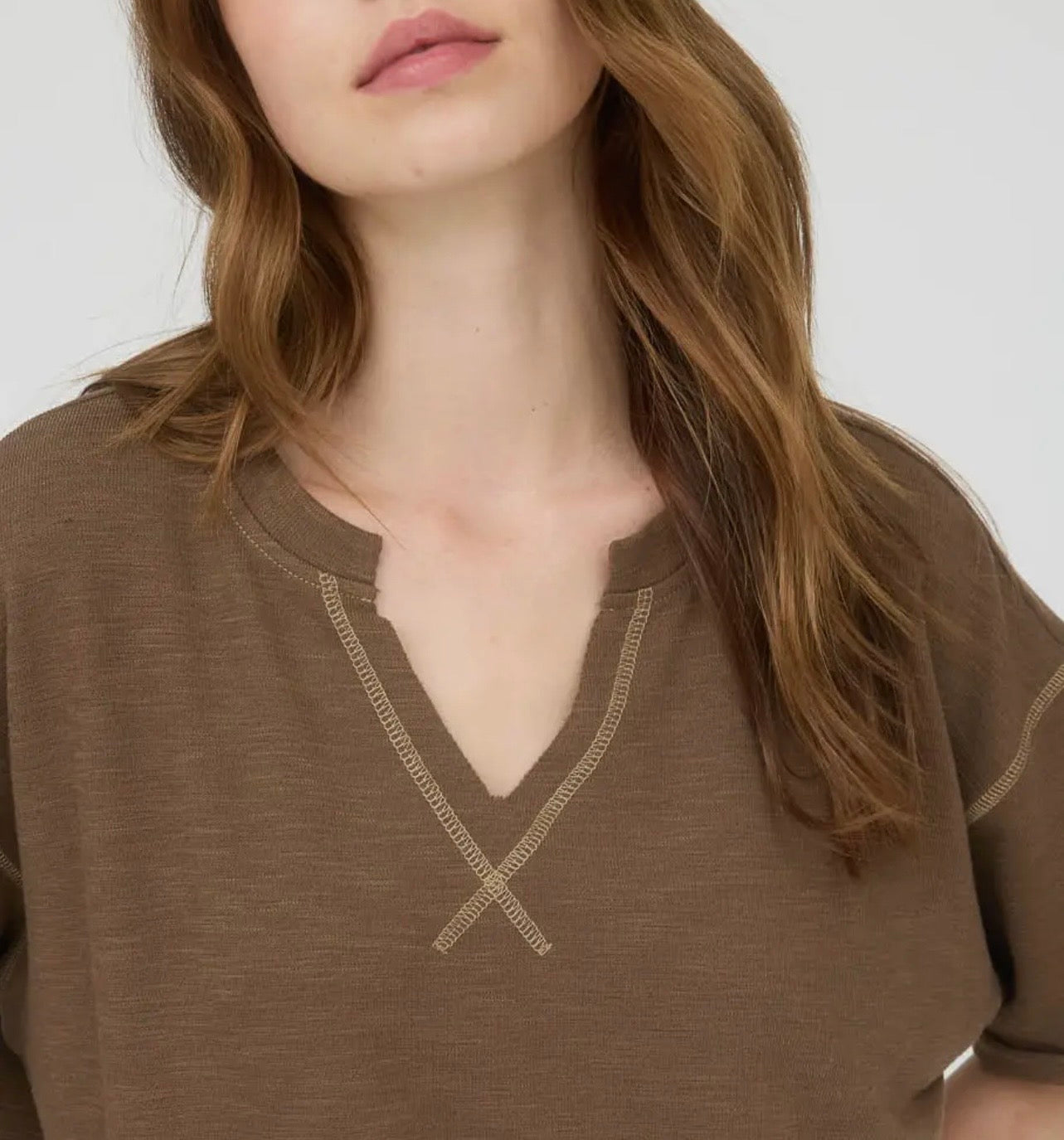 Contrast Stitch Drop Shoulder Cuff Sleeve Top