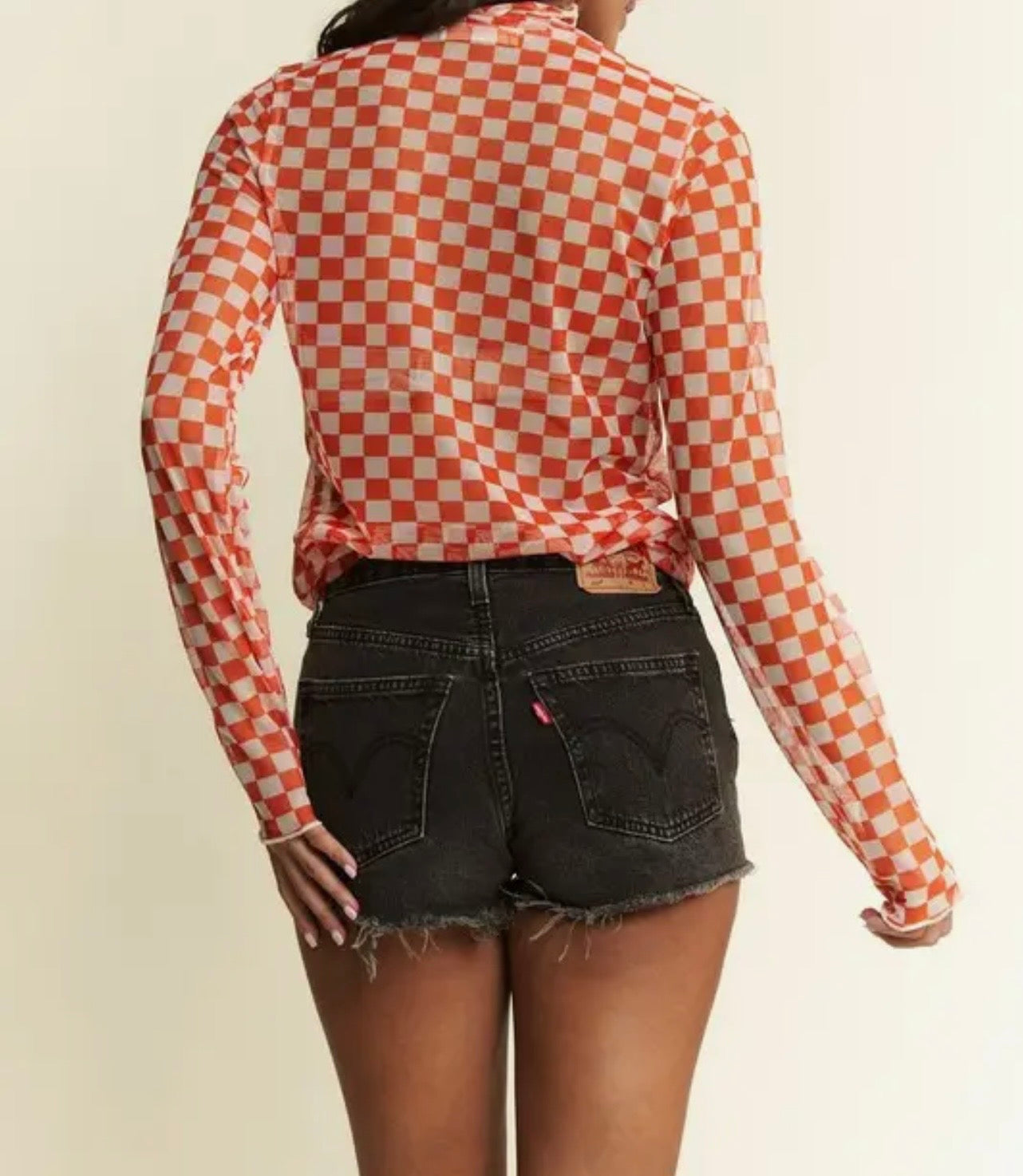 Checkerboard Mesh Mock Neck Top
