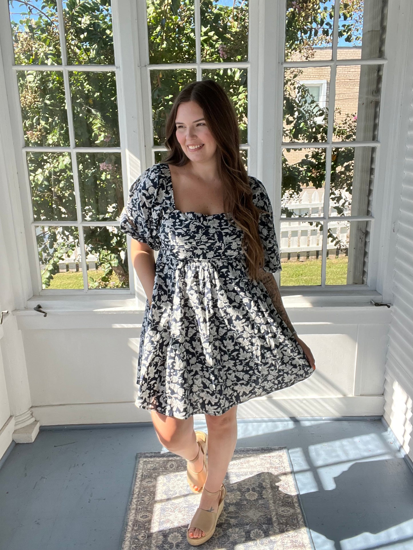 Navy Floral Puff Sleeve Romper Dress