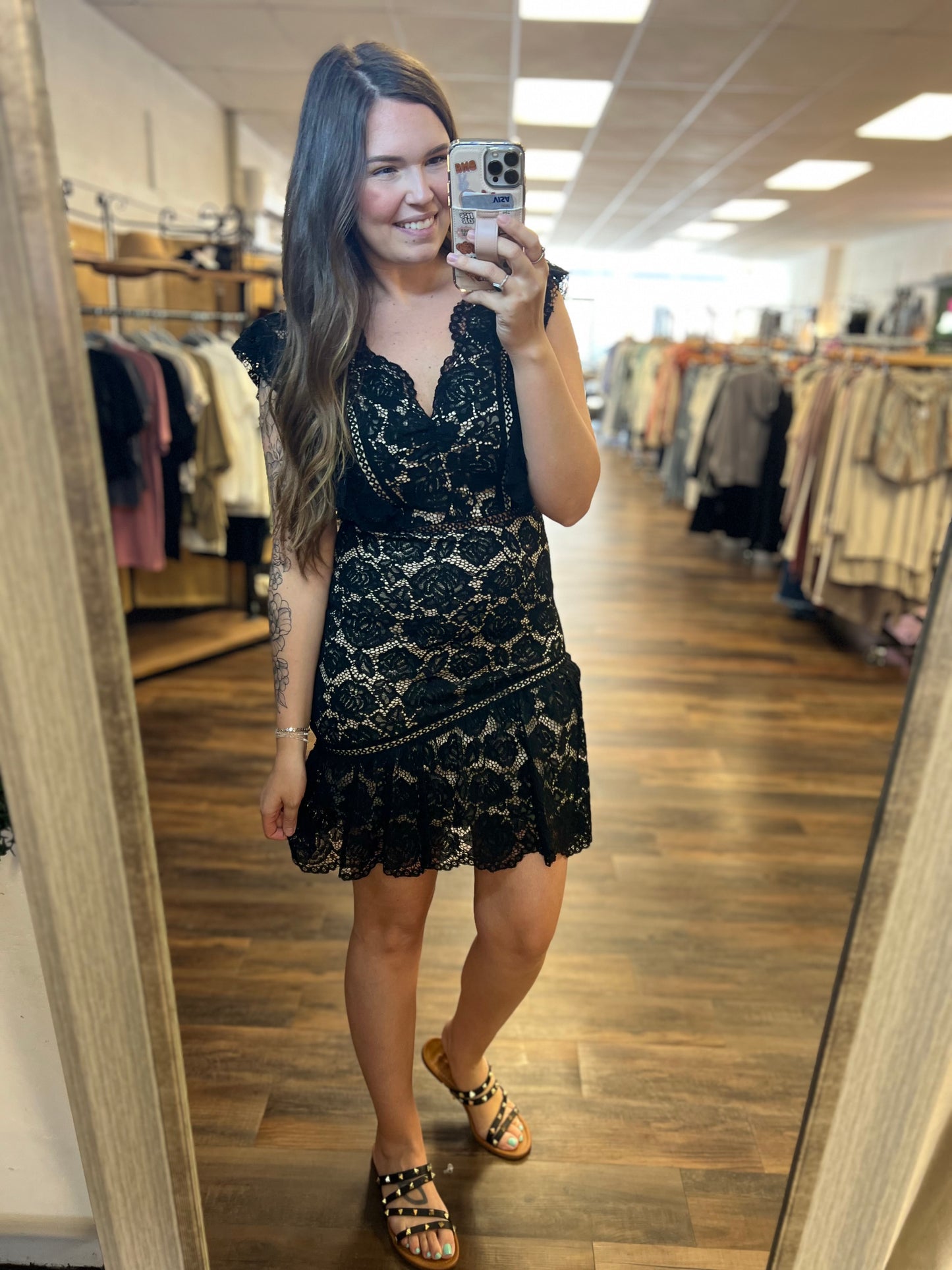Tan and Black Lace Overlay Dress