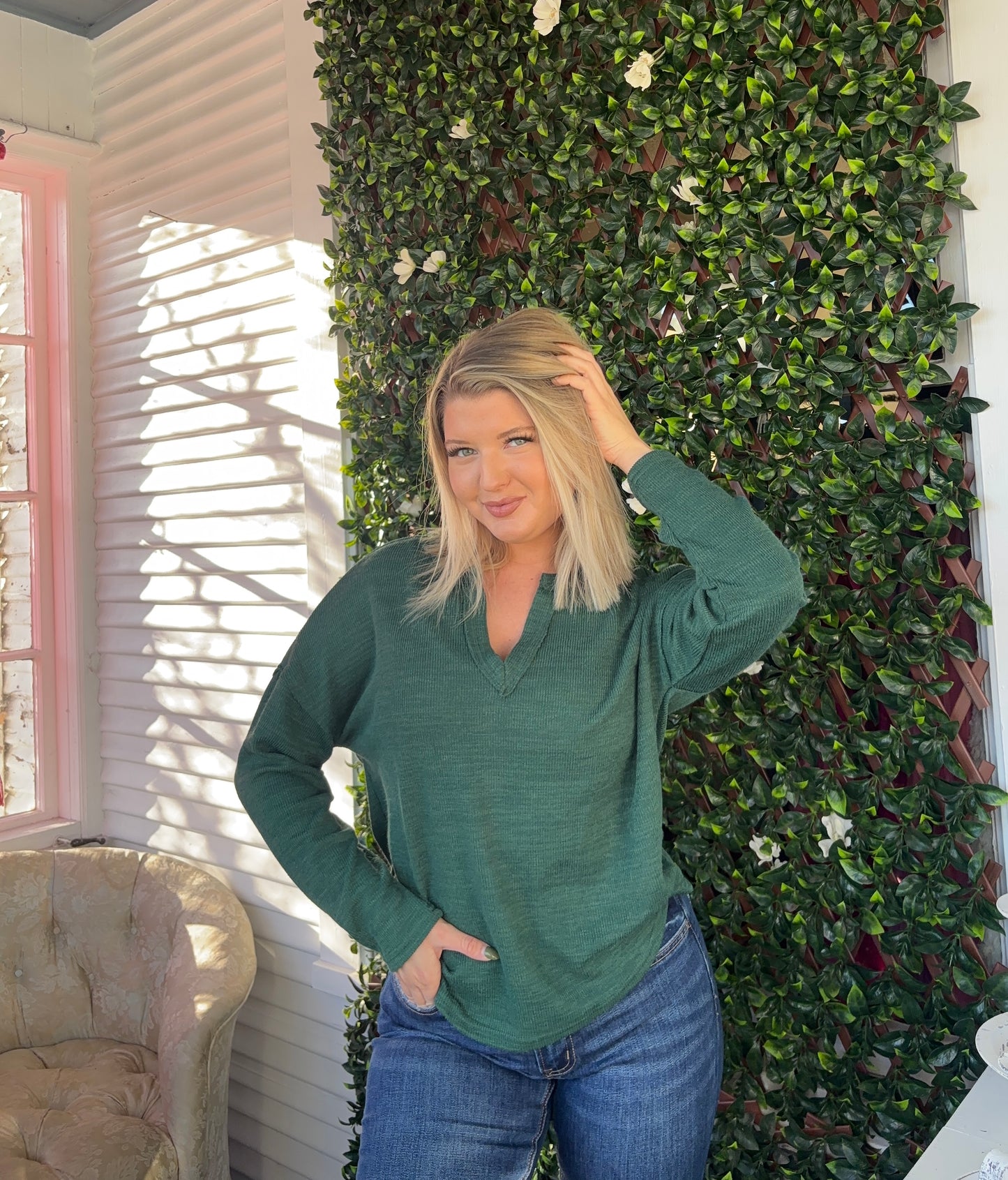 Green Vneck LS Top