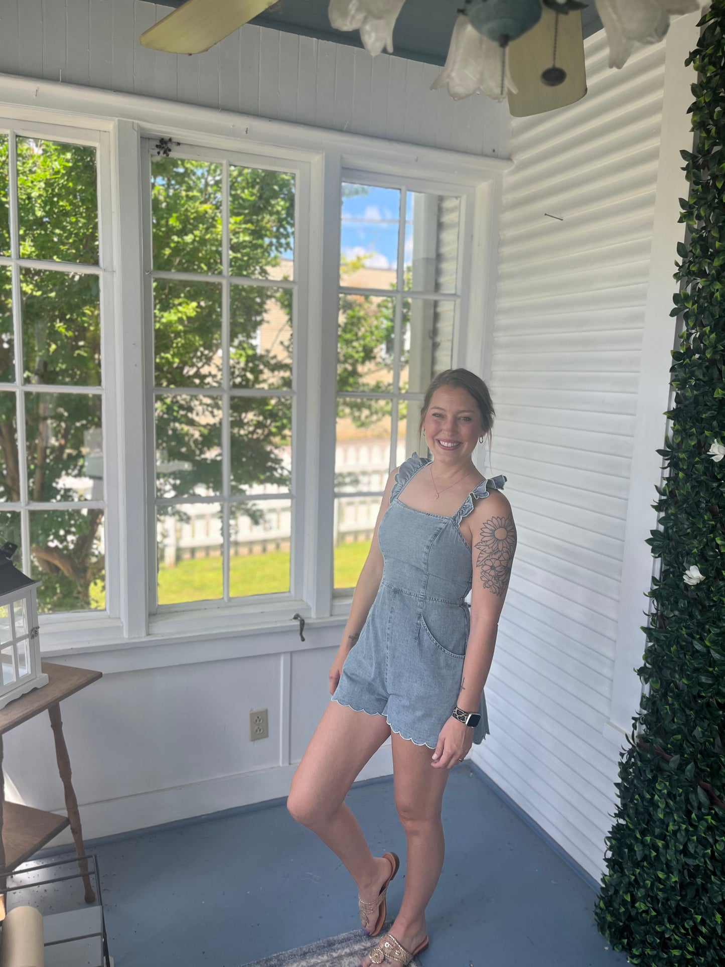 Denim Scallop Hem Open-Back Romper