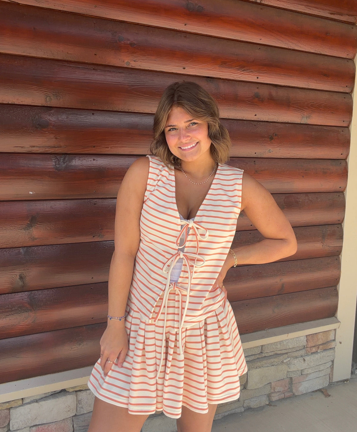 Striped Tie Front Vest + Pleated Skirt Set