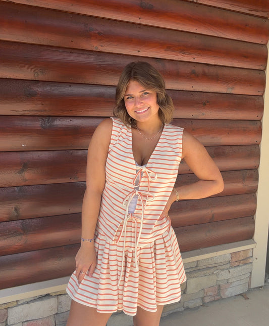 Striped Tie Front Vest + Pleated Skirt Set