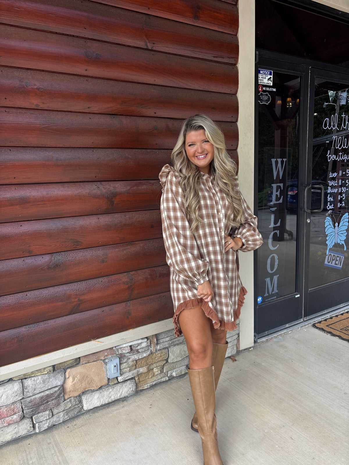 Brown Plaid Ruffle Hem Dress