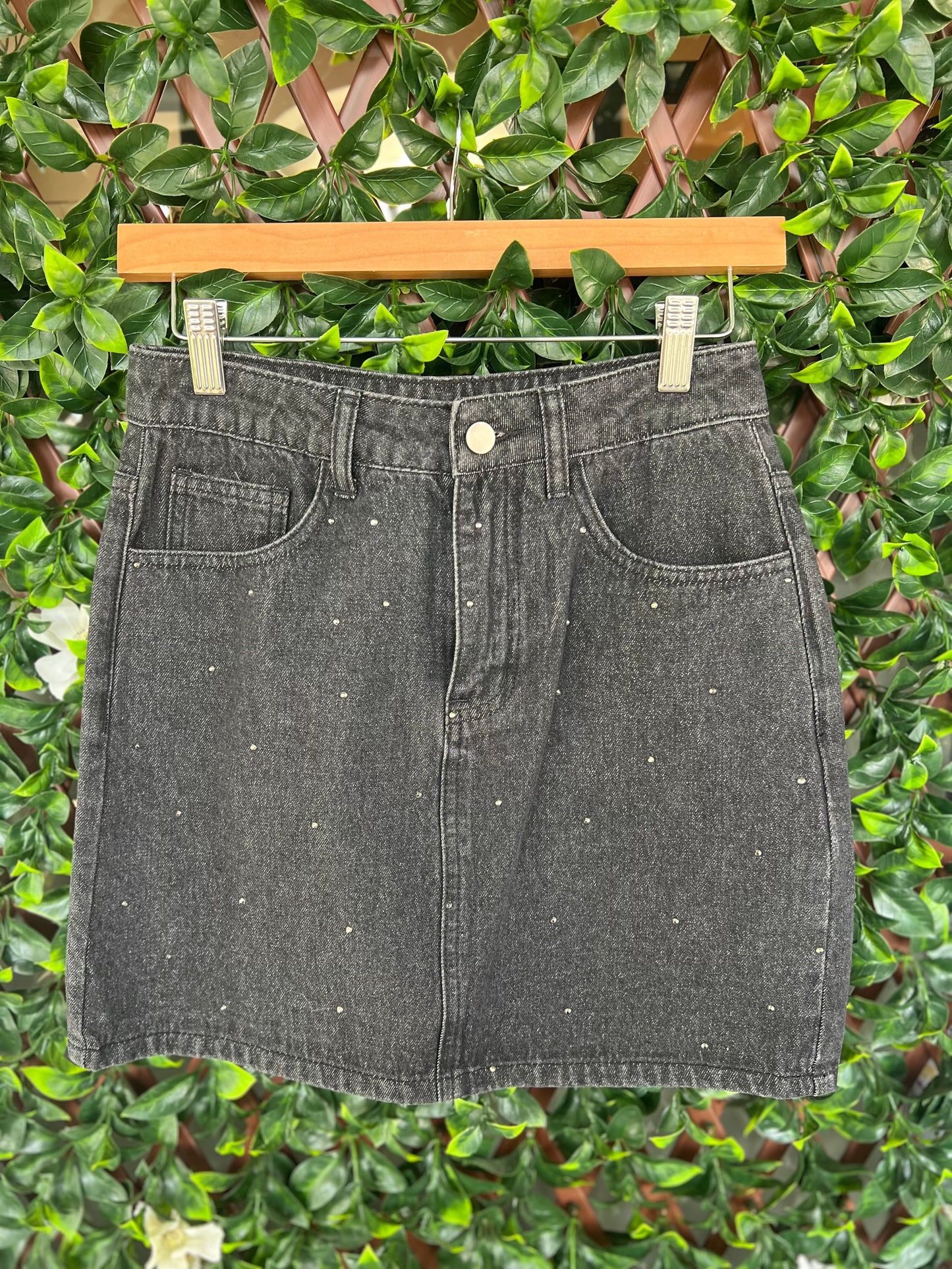 Black Rhinestone Denim Skirt