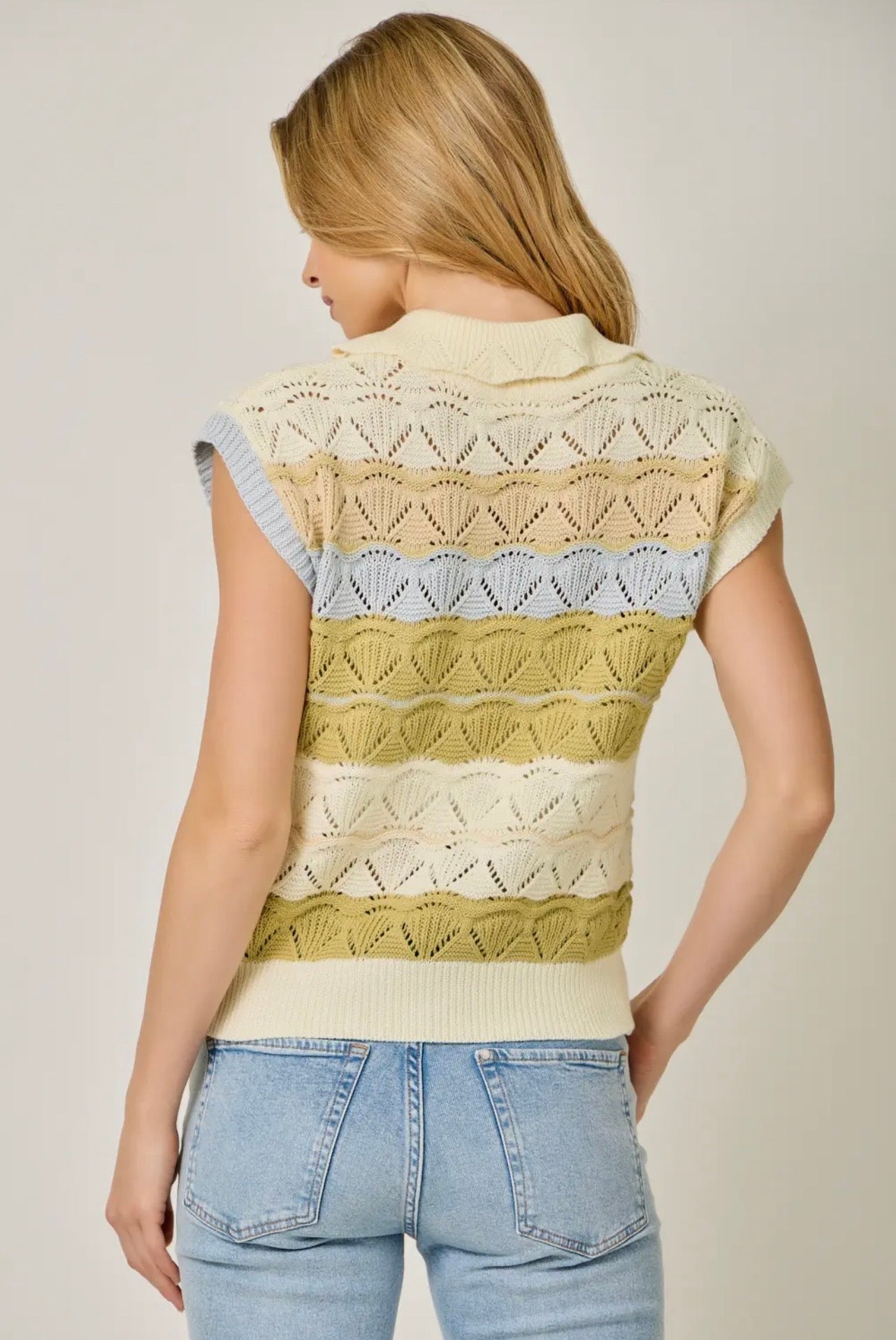 Color-Striped Ponte Polo SS Sweater