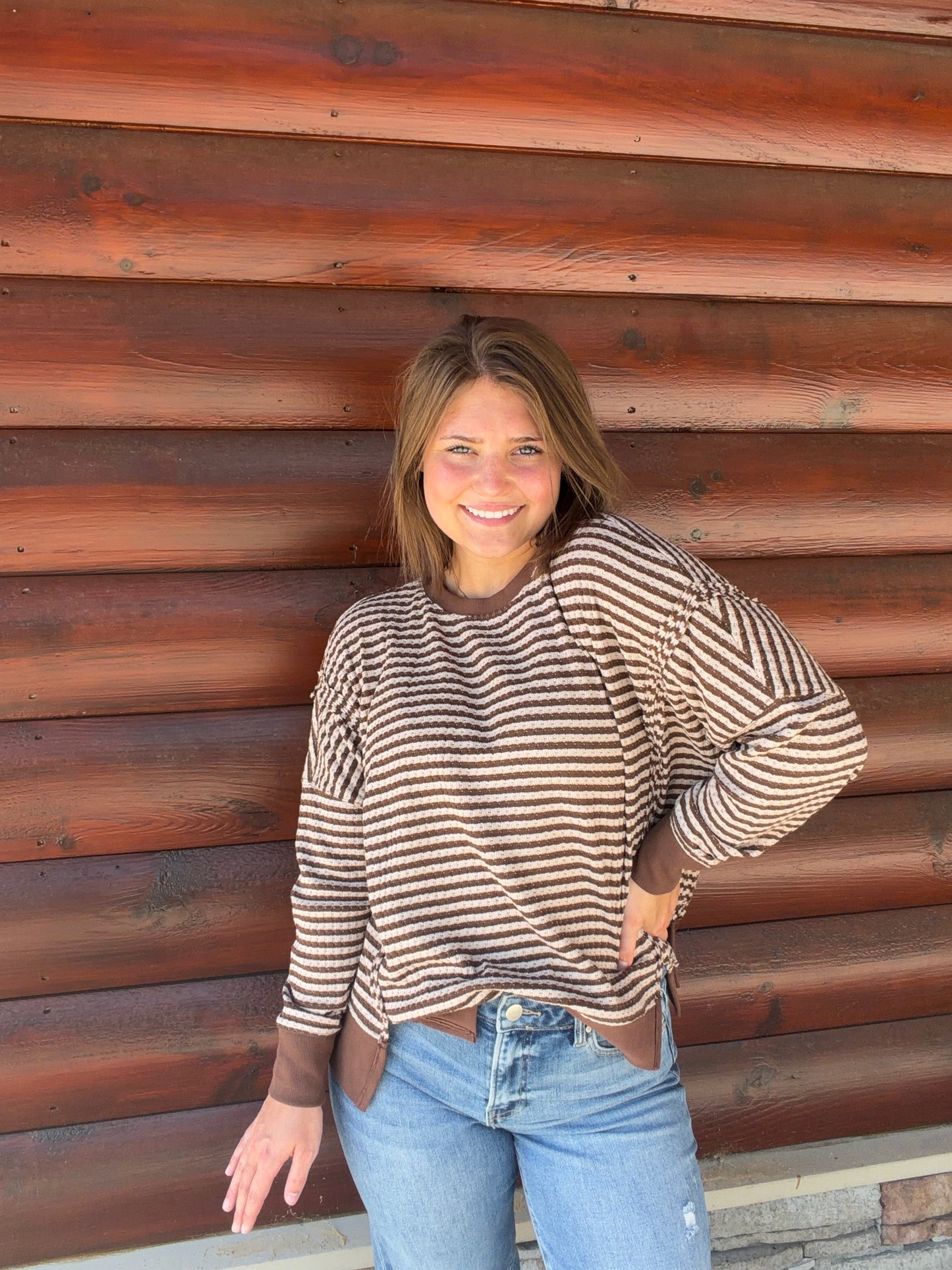 Stripe Exposed Seam Split Hem LS Knit Top