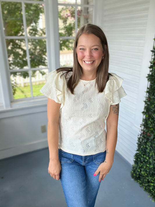 Cream Eyelet Ruffle Sleeve Top