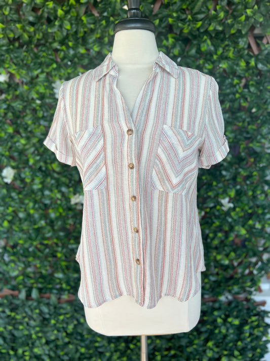 Multicolor Stripe SS Button Down Top