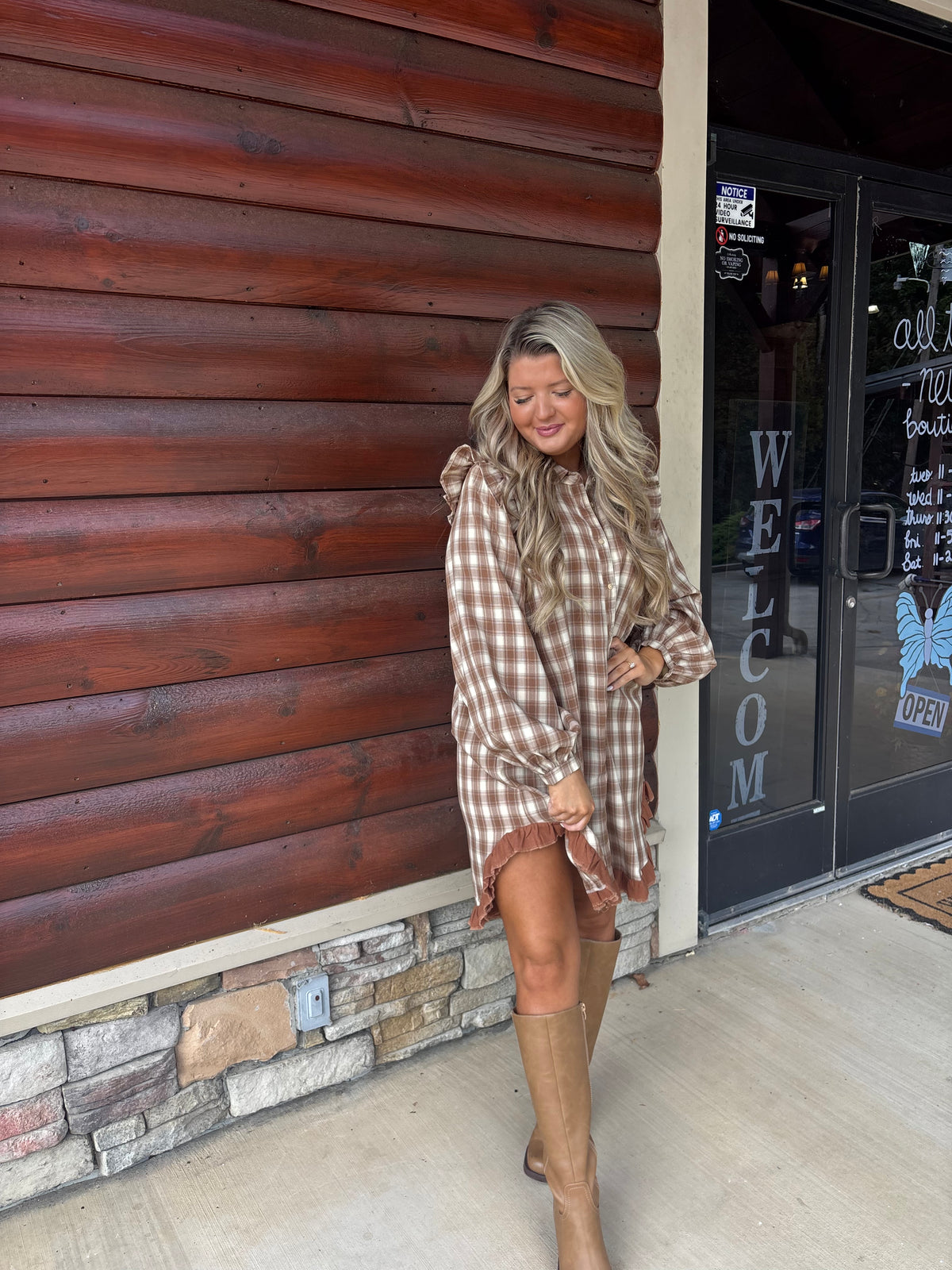 Brown Plaid Ruffle Hem Dress