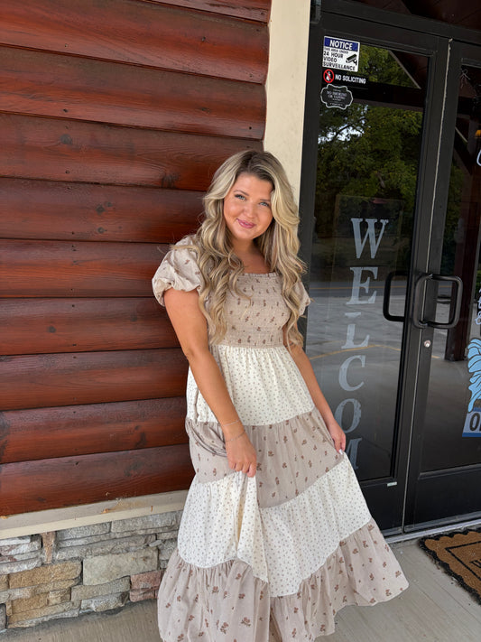 Daydream Patchwork Floral Smocked Tiered Midi
