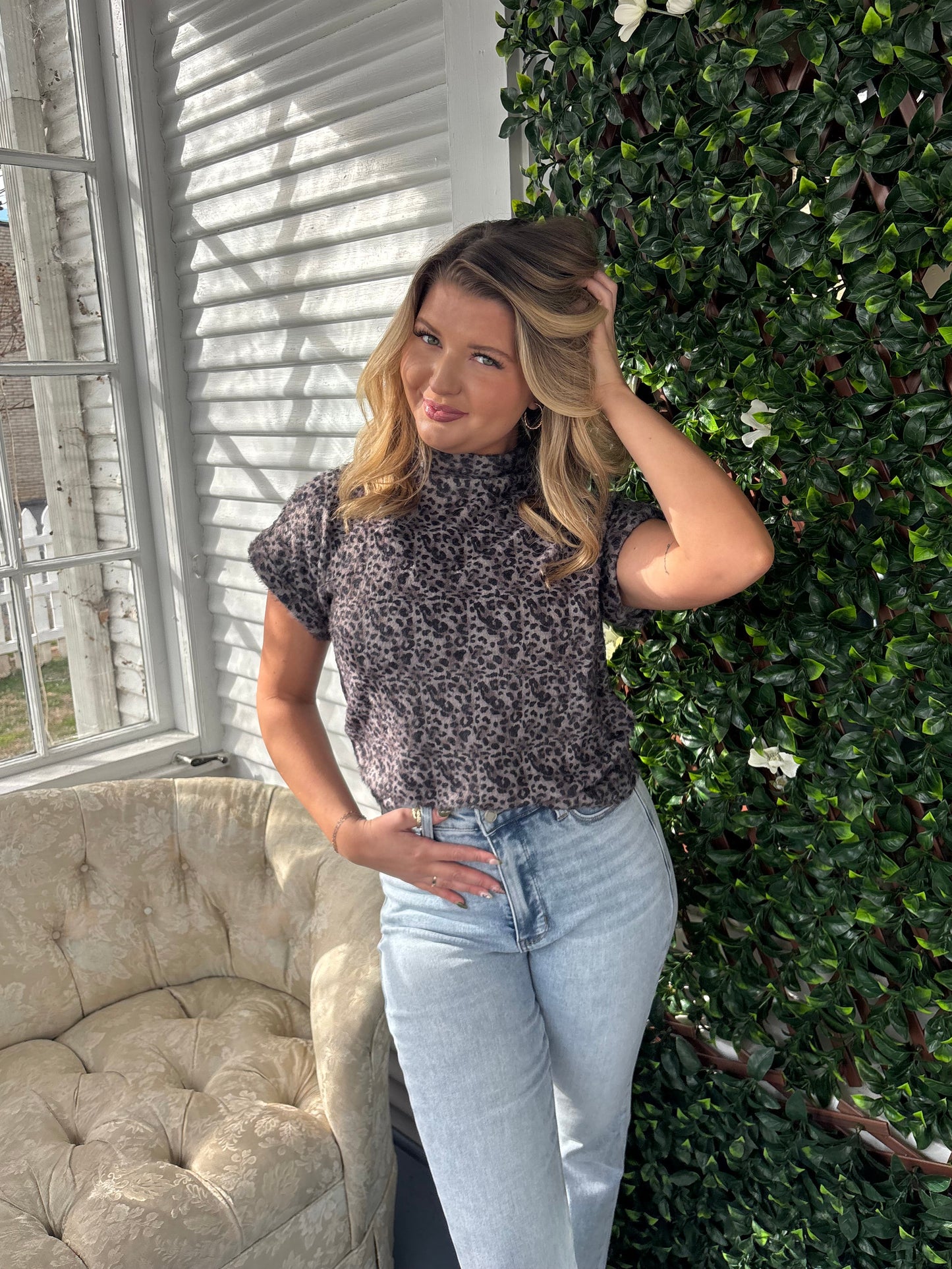 Mock Neck Grey Leopard Top
