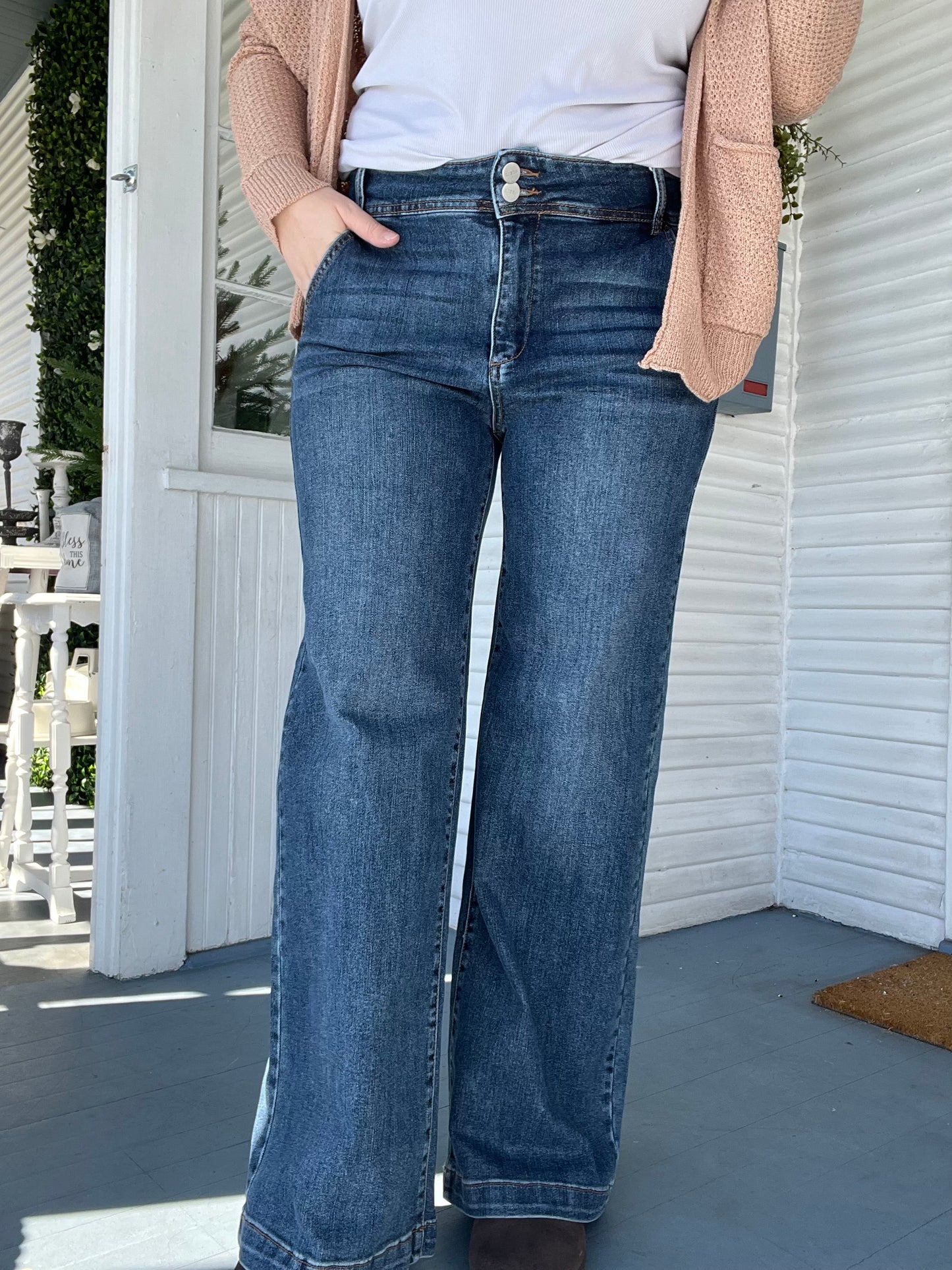 High Rise Double Button Wide Leg Jeans