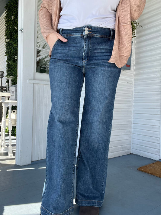 High Rise Double Button Wide Leg Jeans