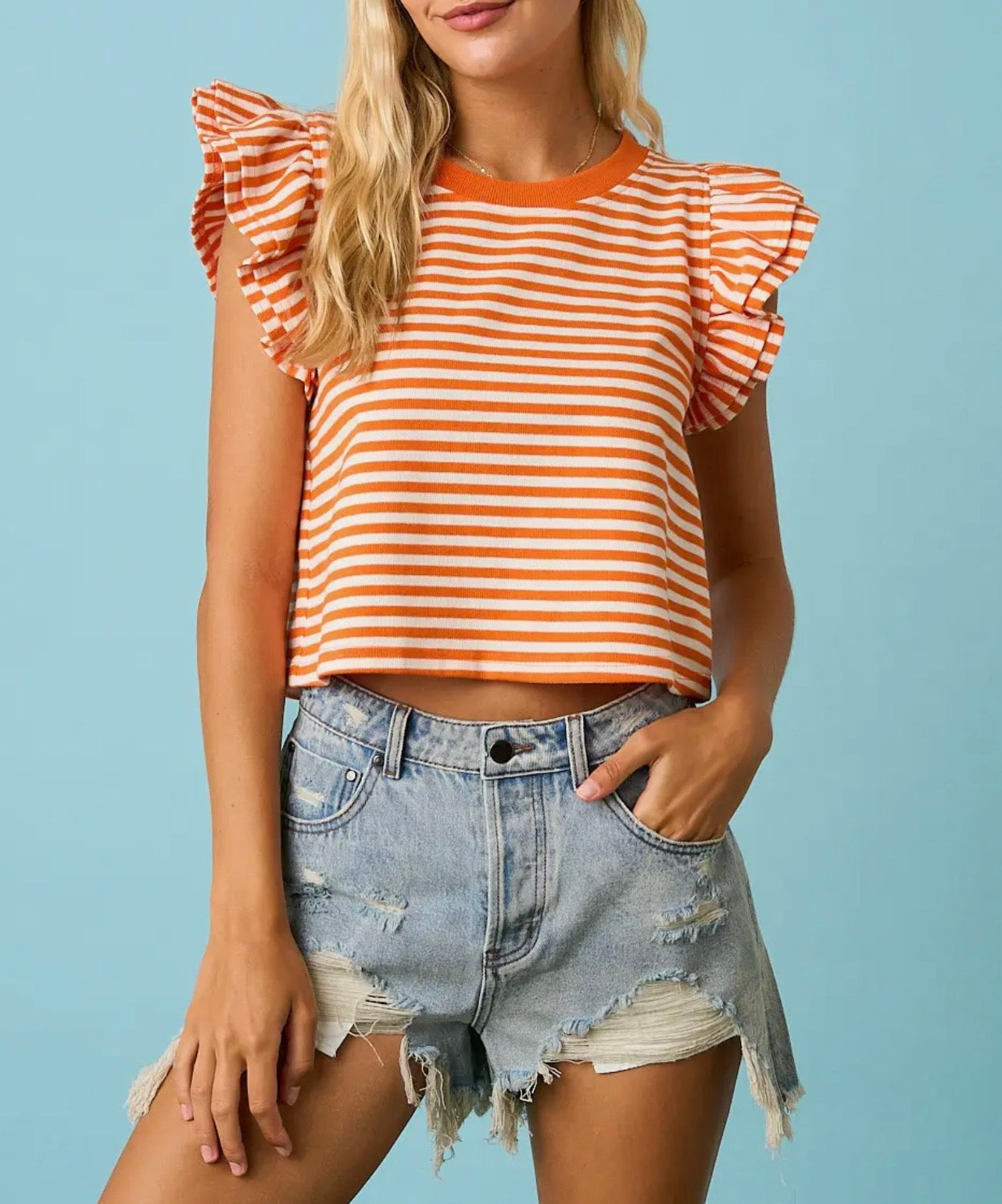 Striped Double Ruffle SS Contrast Top