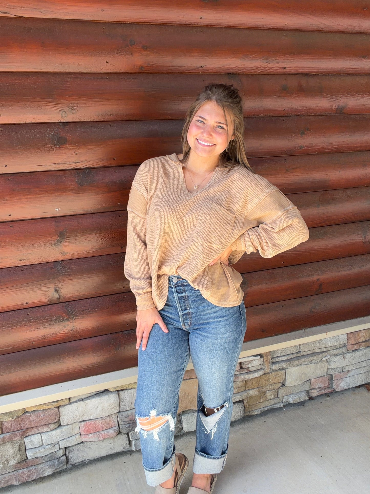 Vneck Raw Edge LS Ribbed Knit Top