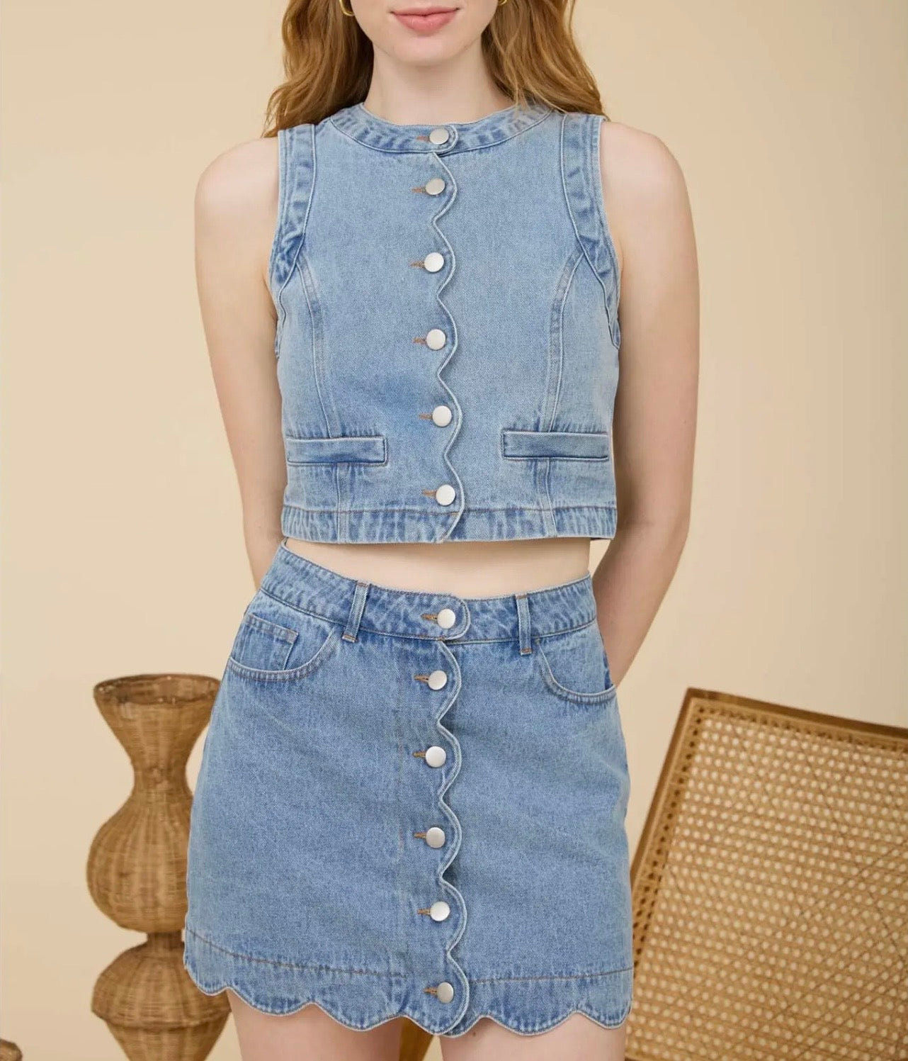 Scalloped Sleeveless Denim Top