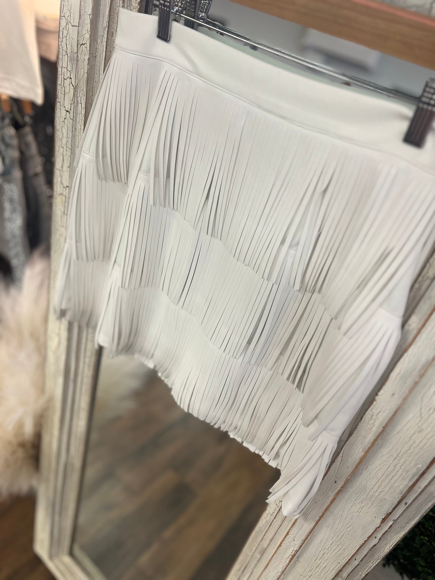 White Leather Fringe Skirt