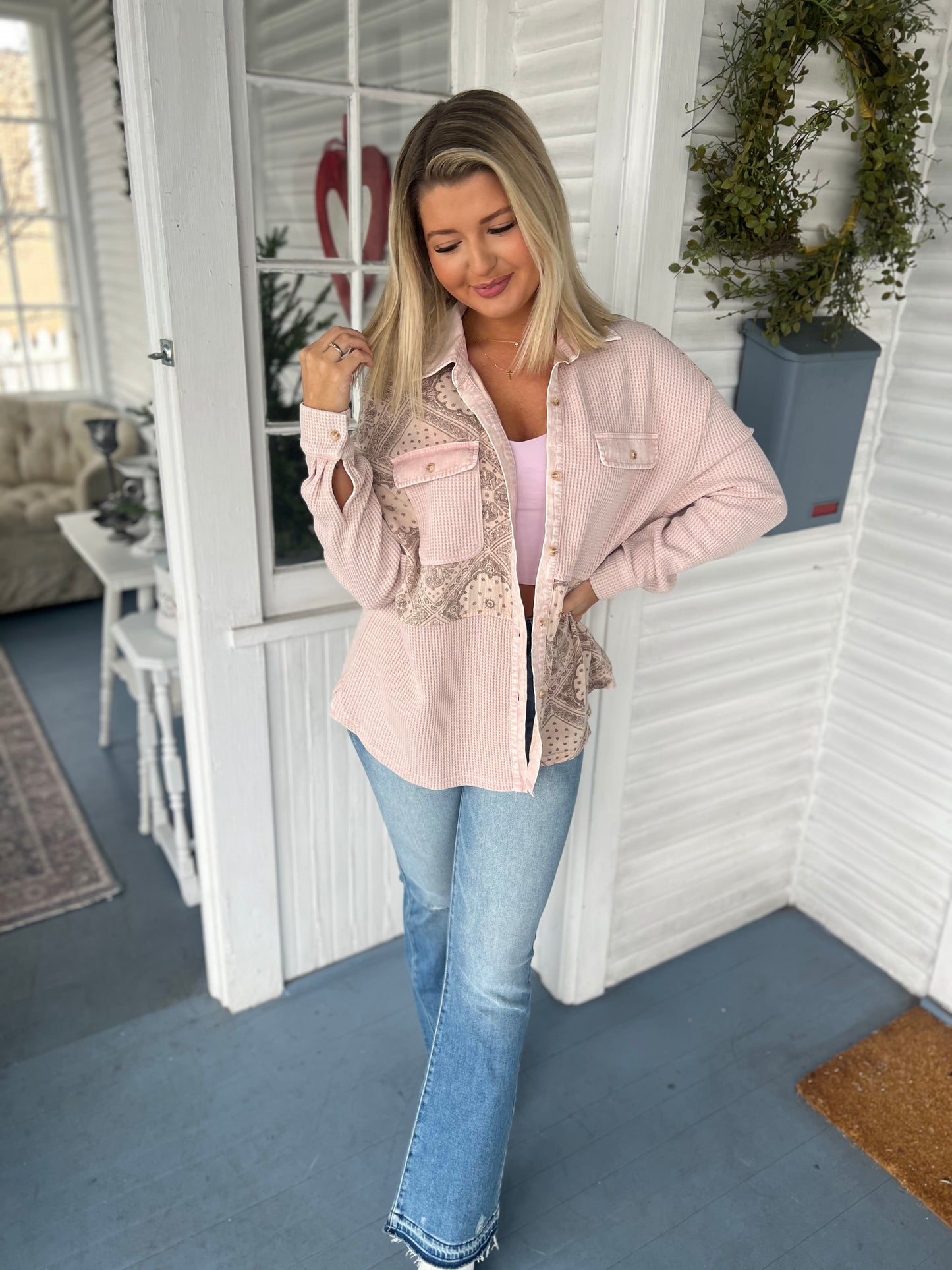 Bandana Waffle Mix LS Button Top