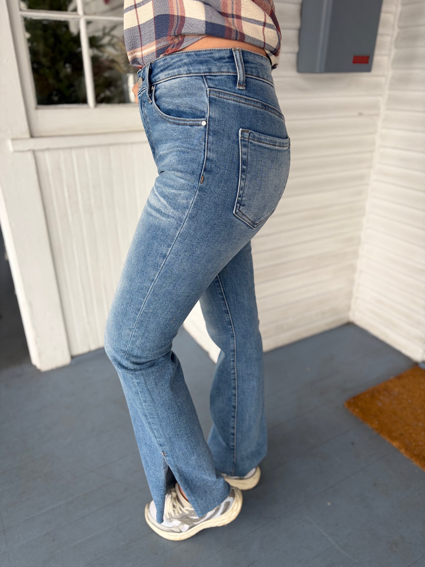 High Rise Raw Hem Straight Leg with Slits