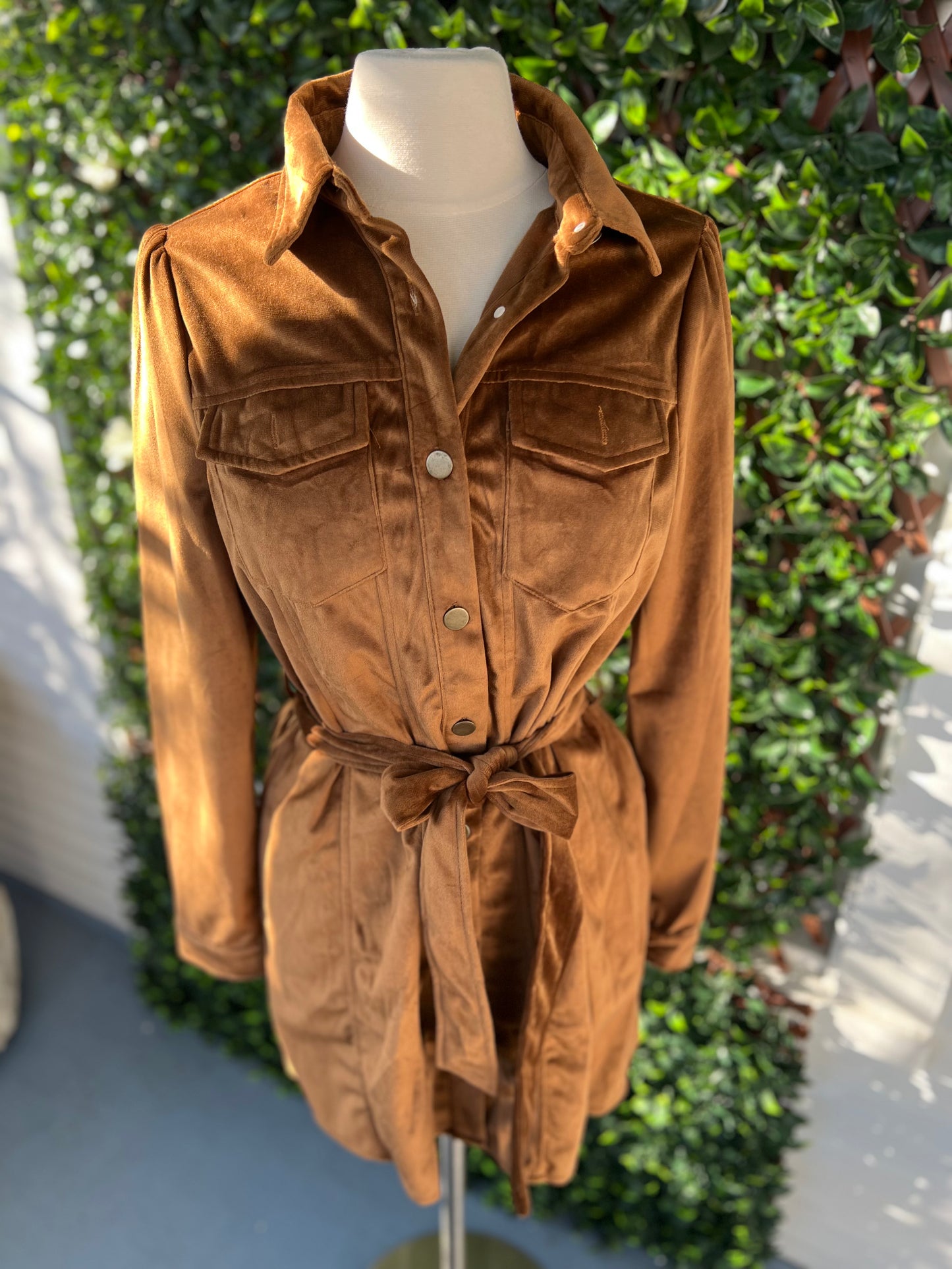 Collared Button Up Suede Dress