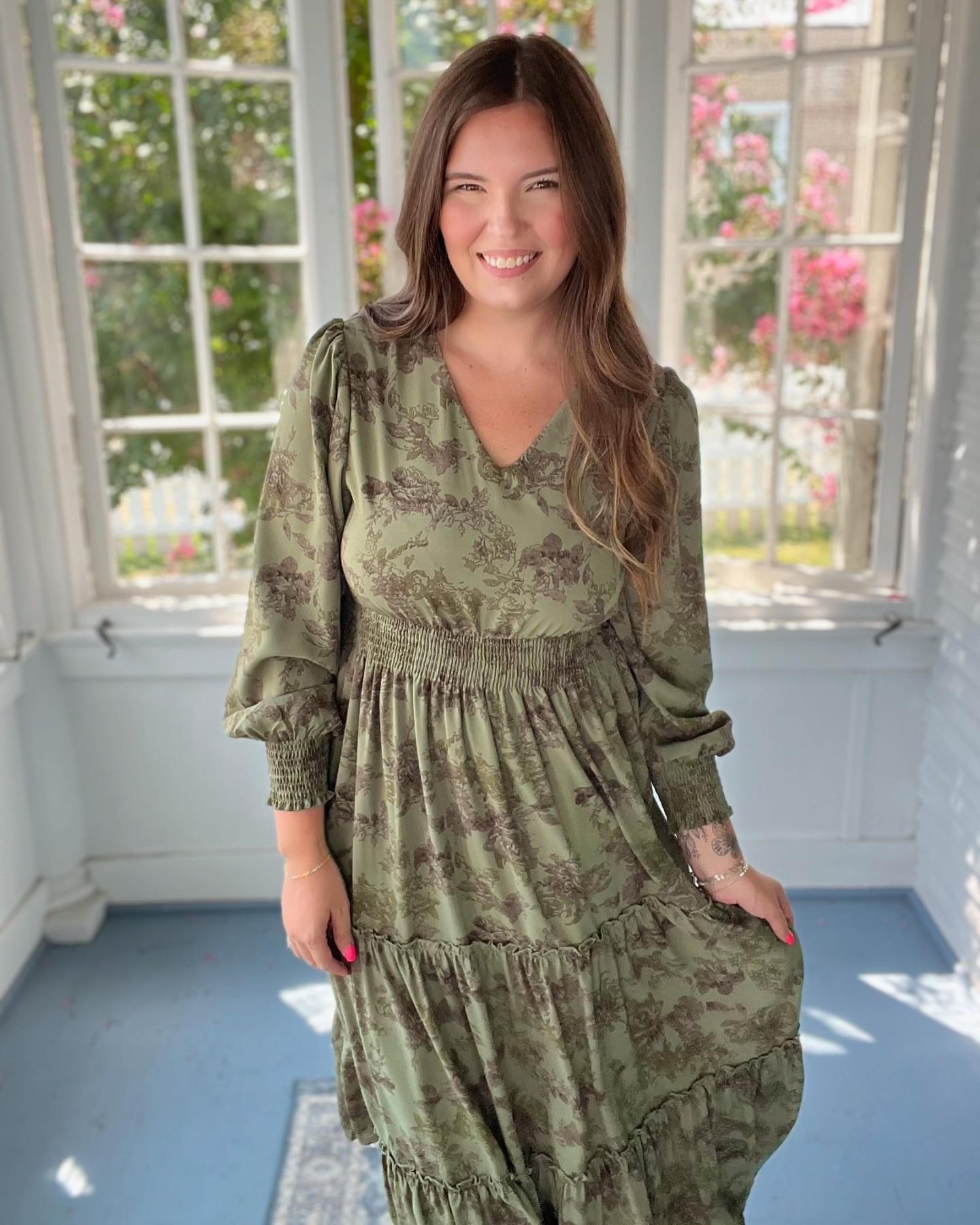 Long sleeved green floral dress