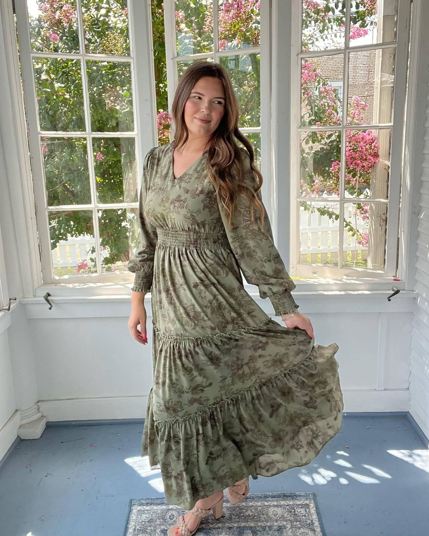 Long sleeved green floral dress